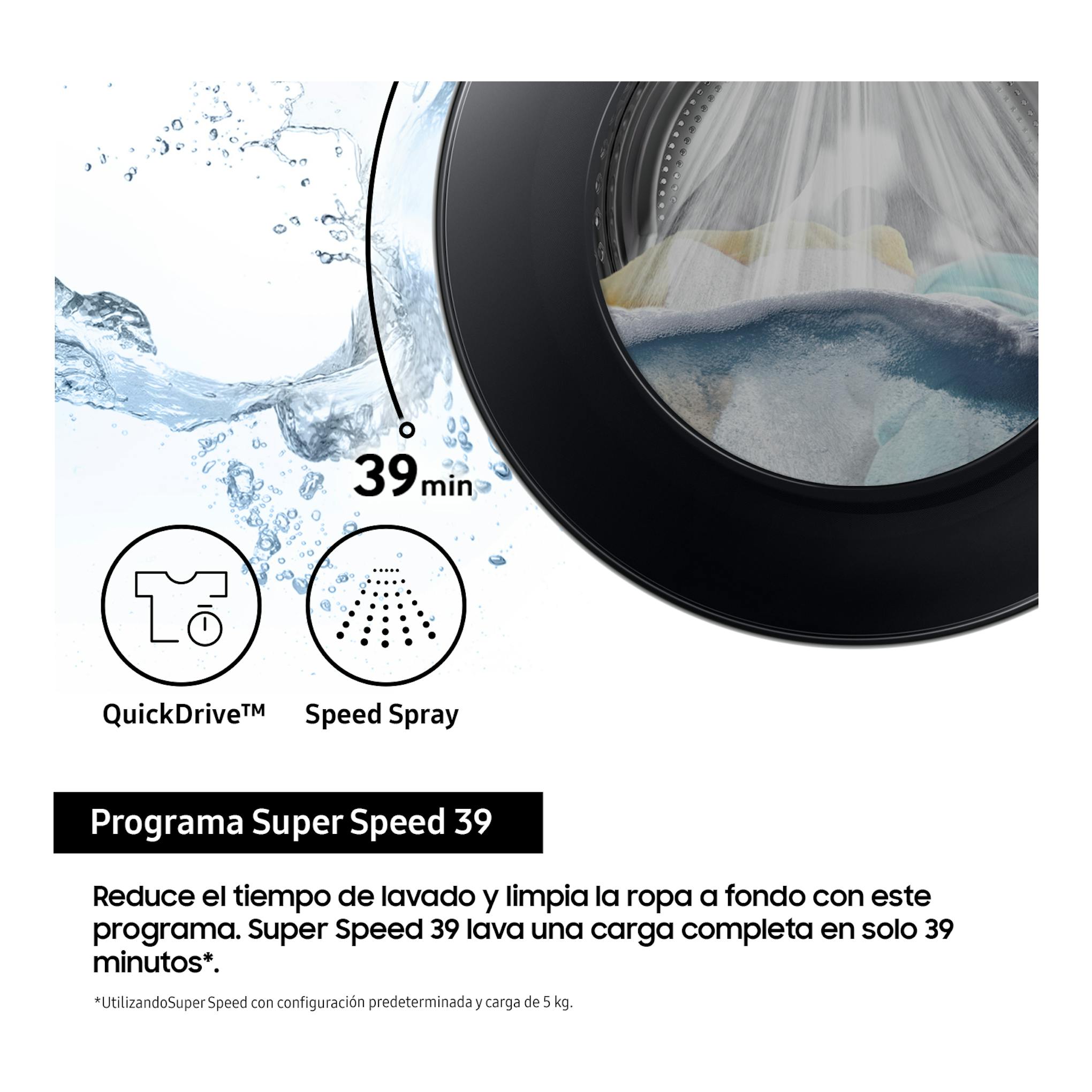 Samsung WW11DG5B25TEEC, lavadora frontal negra en primer plano con agua y ropa; gráfico de Super Speed 39.