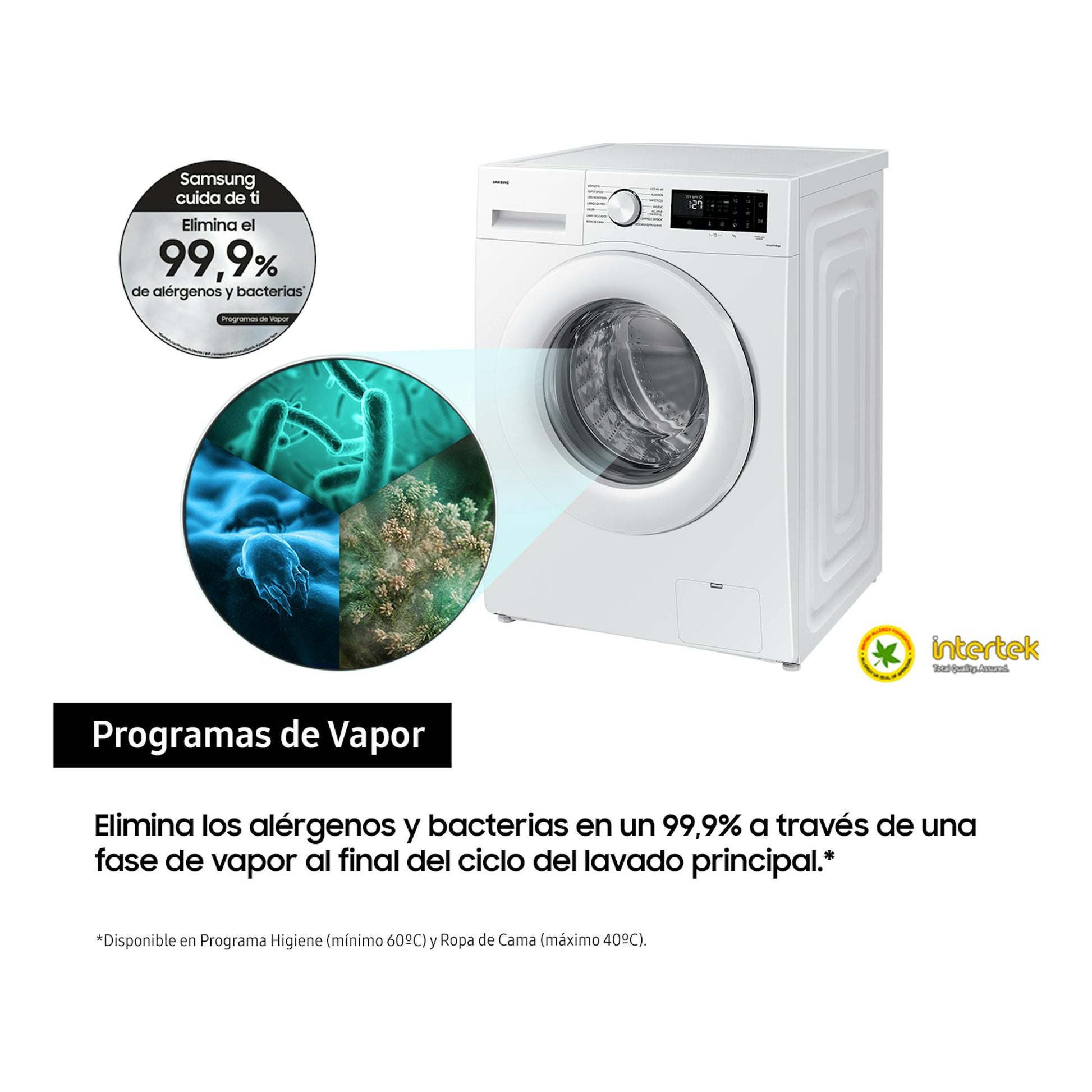 Lavadora frontal Samsung WW11DG5B25TEEC blanca, vista en 3/4, con puerta circular y panel digital.