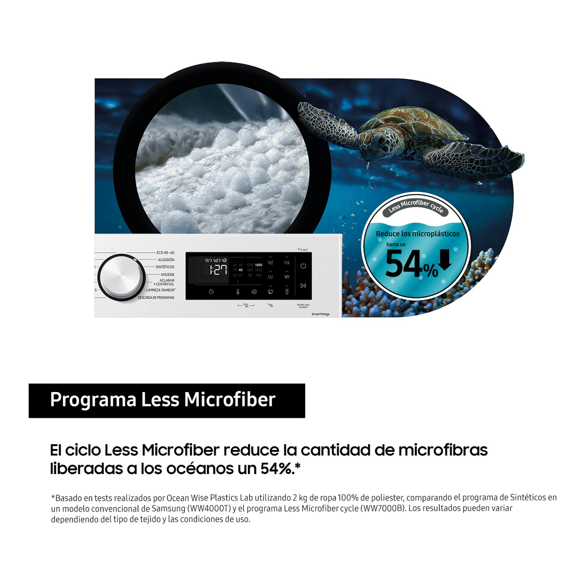 Samsung WW11DG5B25TEEC, lavadora blanca en vista frontal con panel negro y gráfico del programa Less Microfiber.