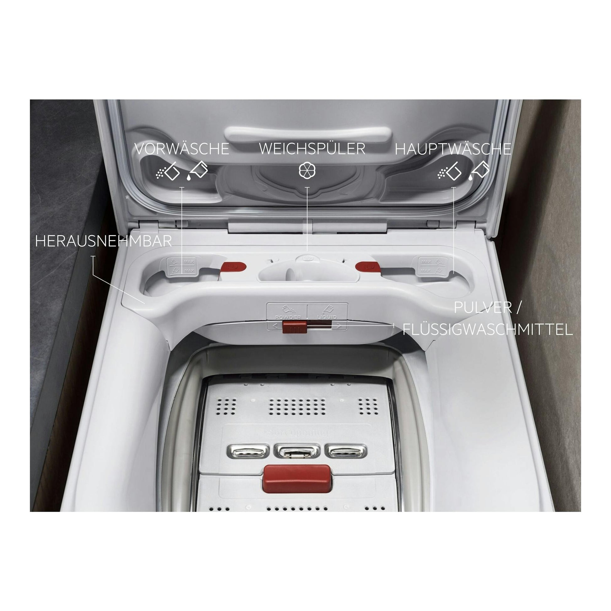 Interior de lavadora AEG LTE6K7230E de carga superior, blanco, con compartimento de detergente abierto.
