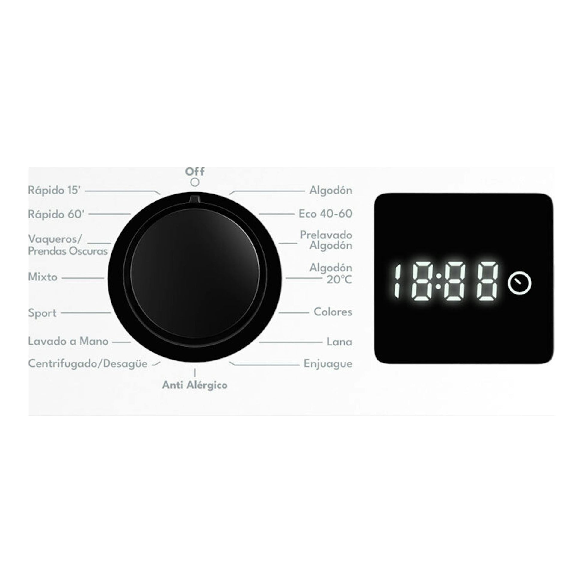 Panel de lavadora Exquisit WMW7120-770A, con selector negro y pantalla digital de 7 segmentos.
