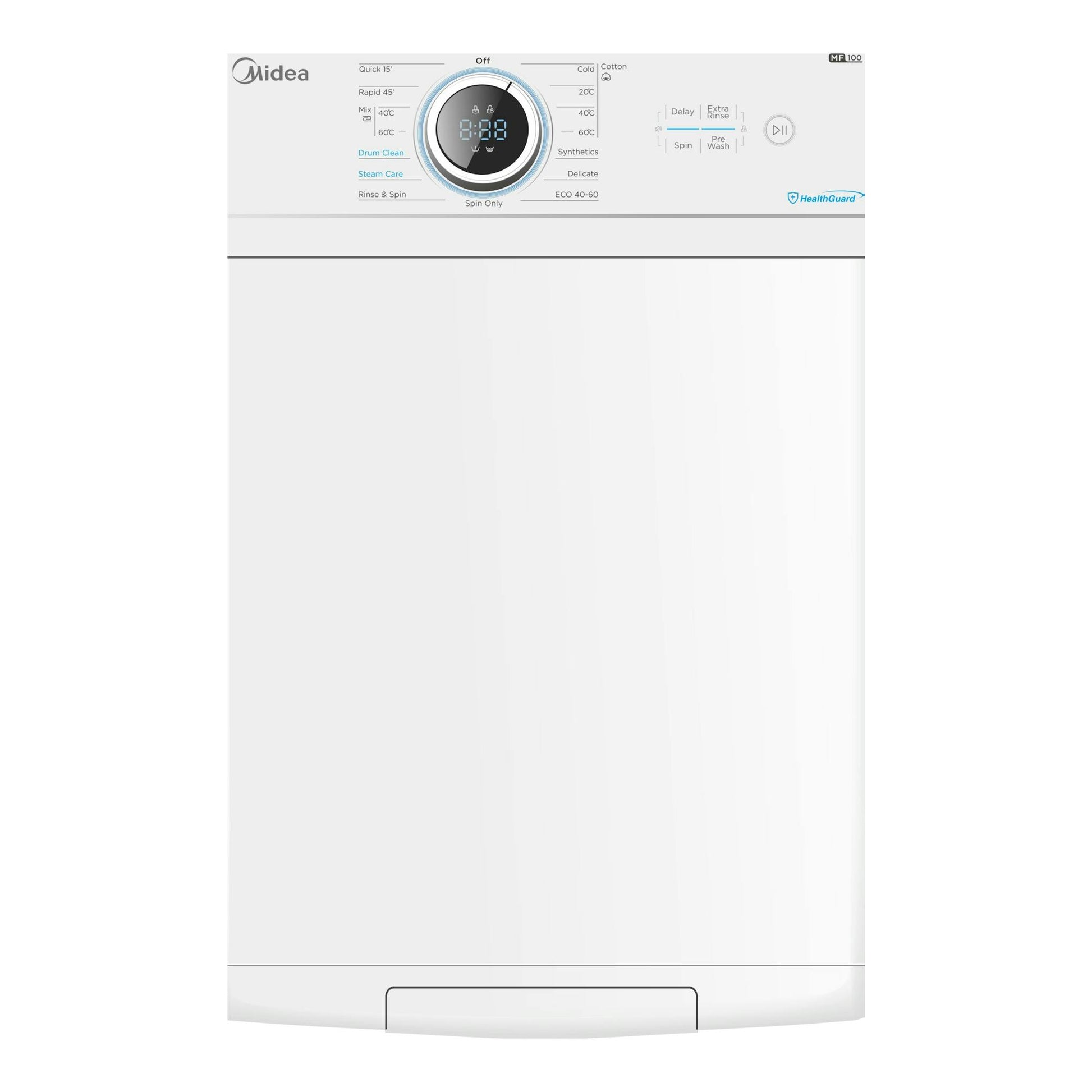 Lavadora de carga superior Midea MF100T70BA10/W-ES blanca, vista frontal, con panel digital superior.