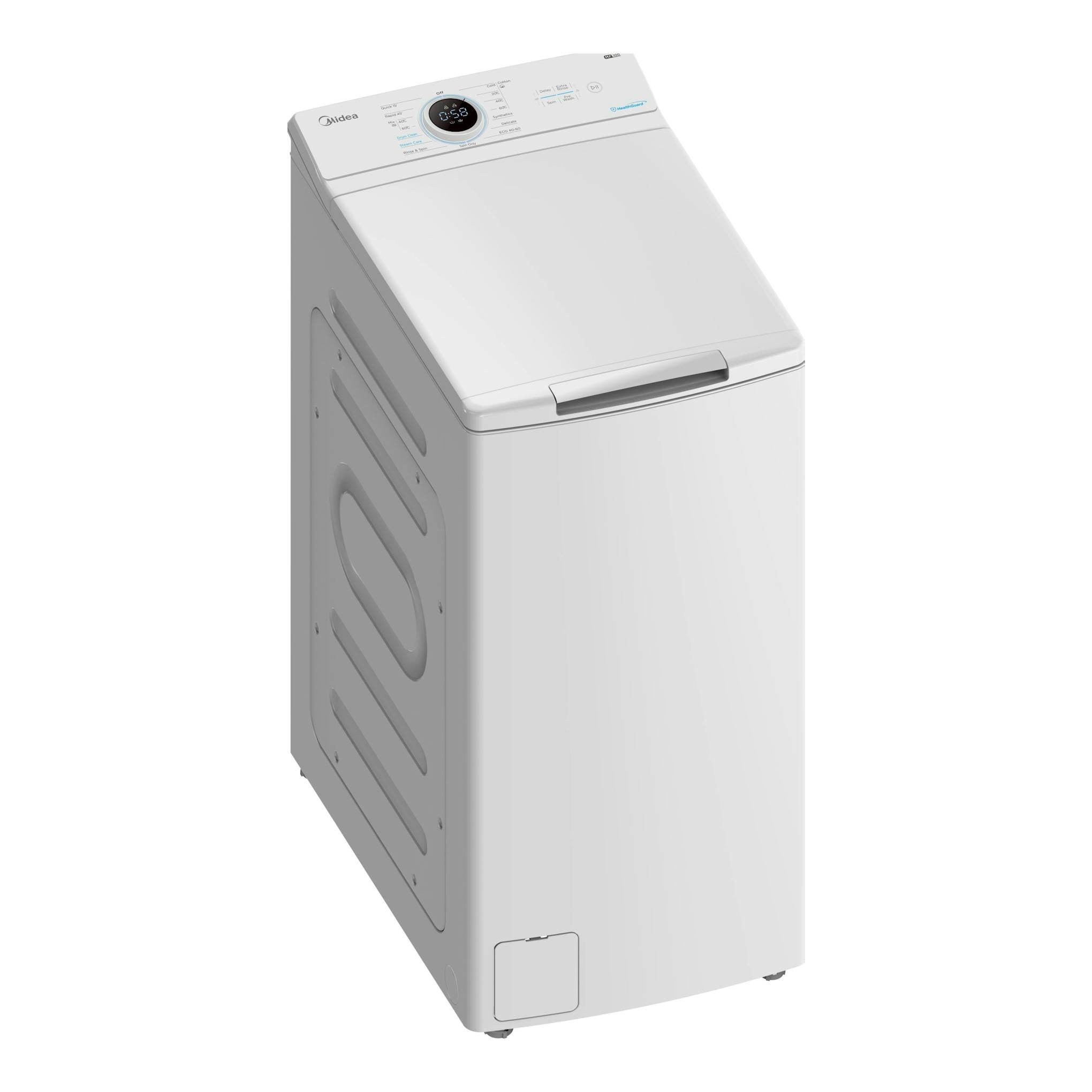 Lavadora de carga superior Midea blanca, vista en ángulo con panel digital superior.