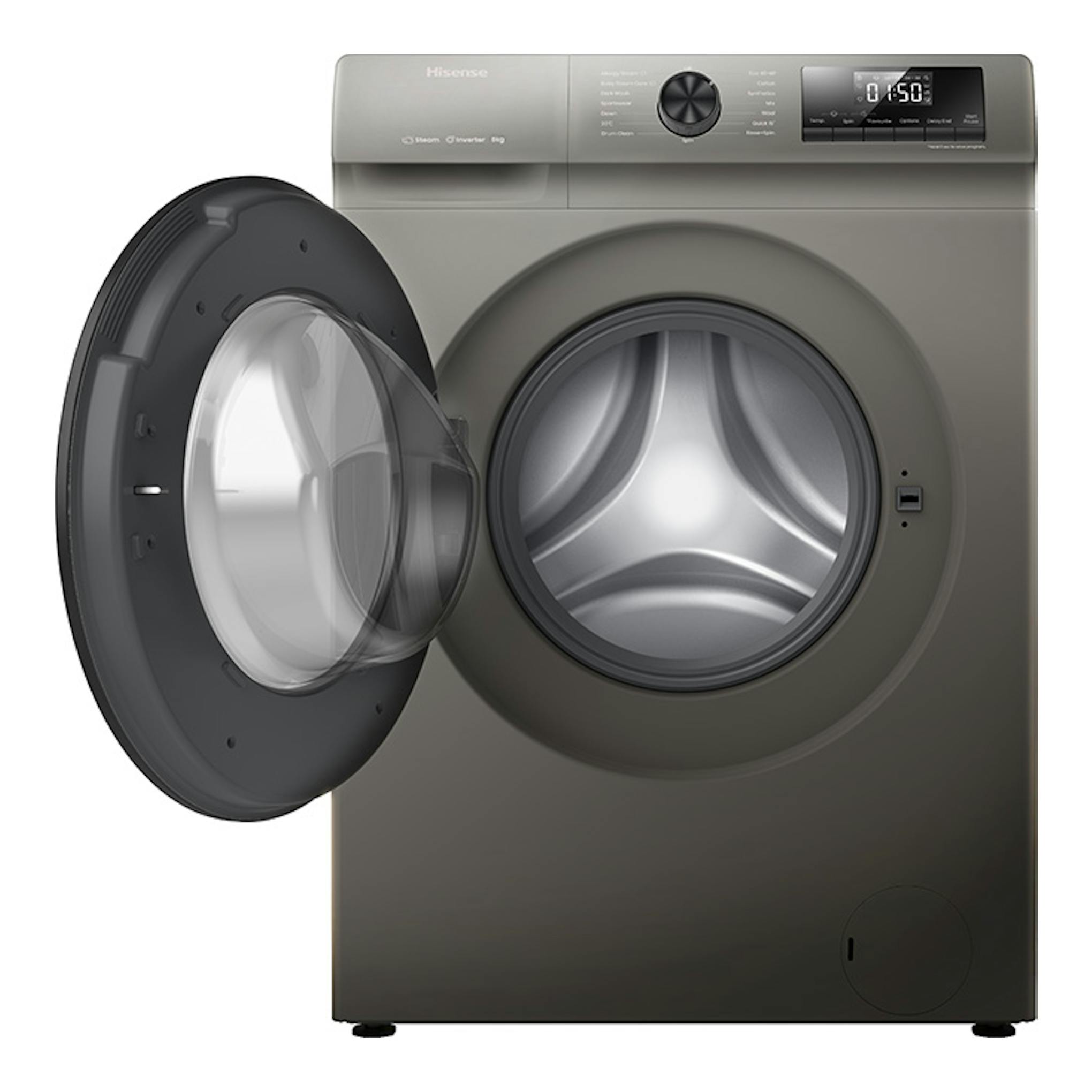 Lavadora frontal Hisense WFQP8014EVMT gris, vista frontal, con la puerta abierta.