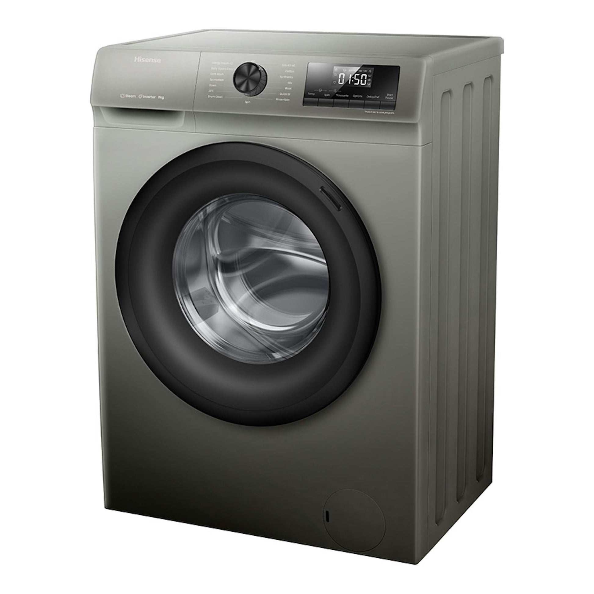 Lavadora Hisense WFQP8014EVMT gris, vista frontal en 3/4, con puerta circular y panel digital superior.