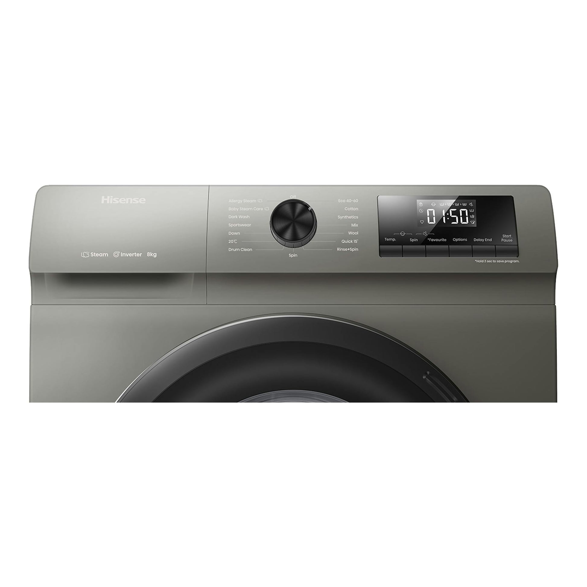 Lavadora Hisense WFQP8014EVMT gris, vista frontal parcial, con panel digital y selector central.