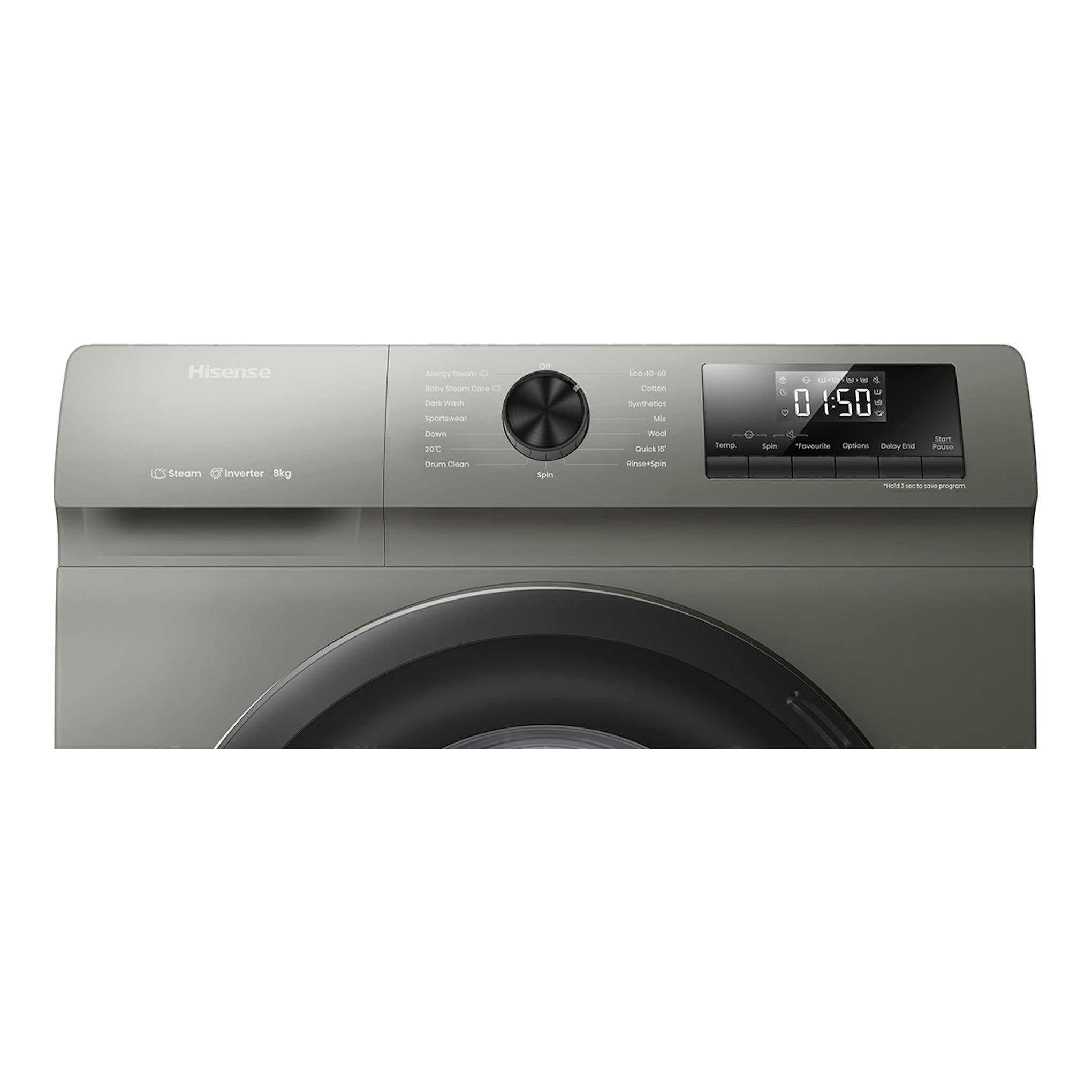 Lavadora Hisense WFQP8014EVMT gris, vista frontal parcial, con panel digital y selector central.