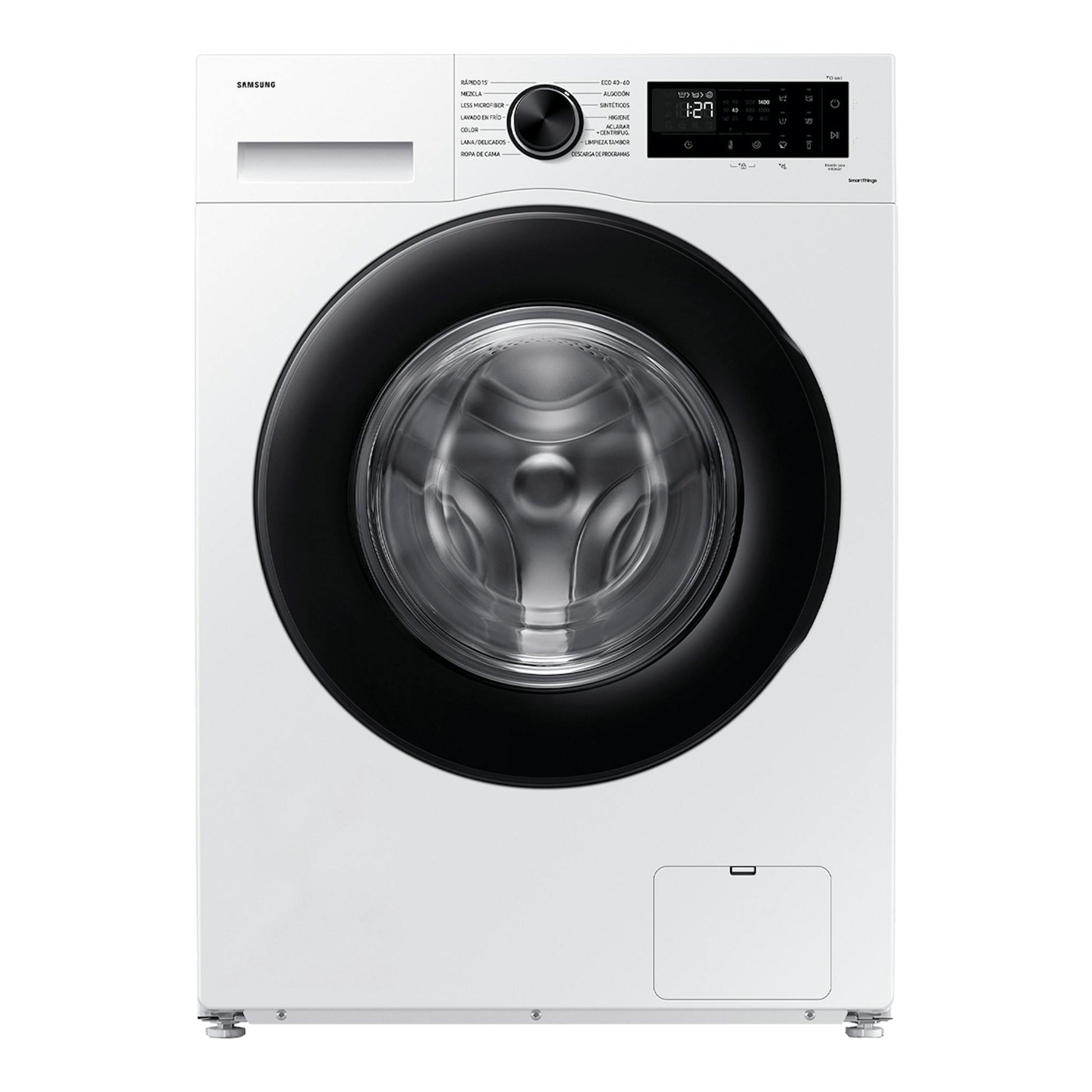 Lavadora Samsung WW80CGC04DAEEC blanca, carga frontal, vista frontal, con puerta negra y panel digital.