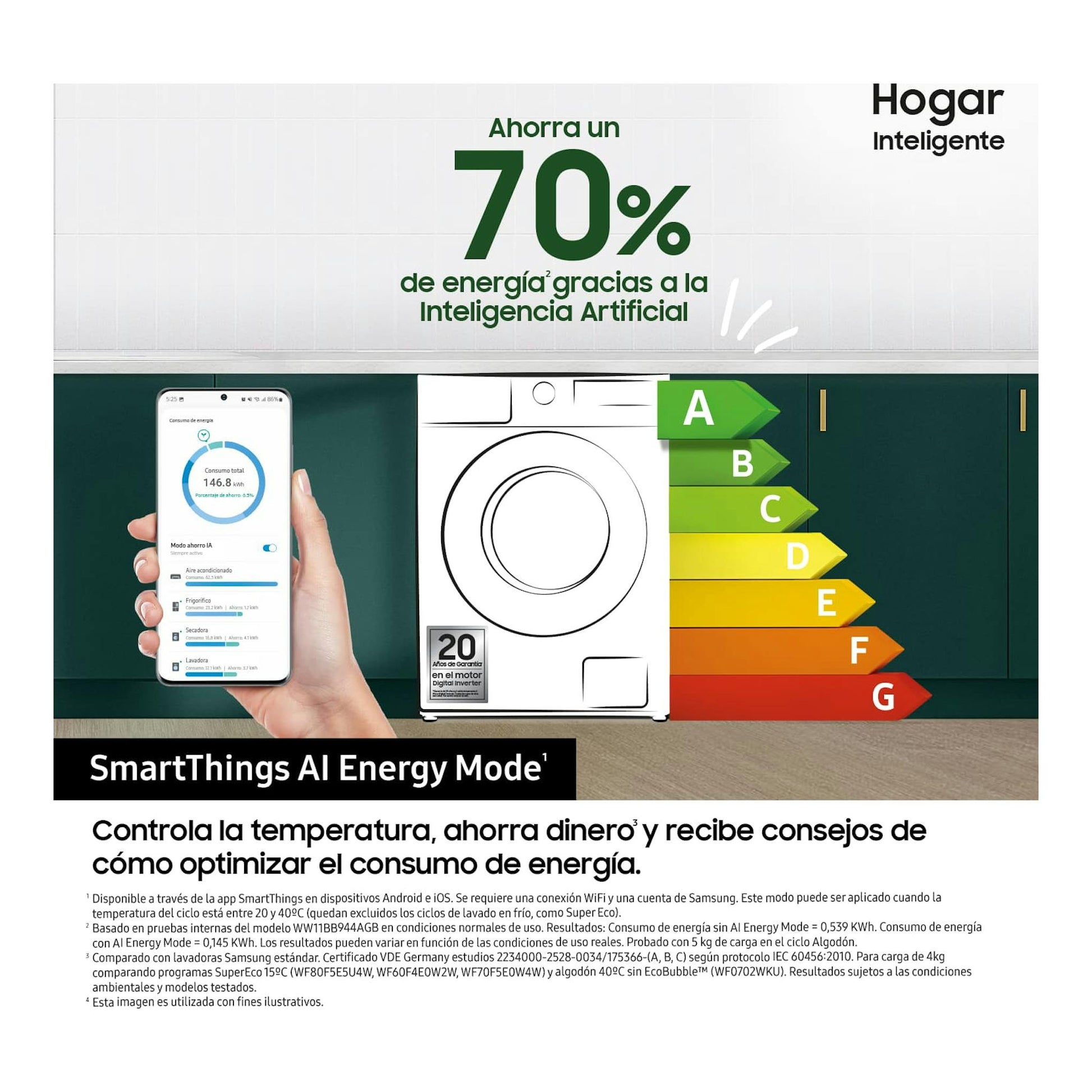 Lavadora Samsung WW80CGC04DAEEC blanca, vista frontal, con móvil y escala de eficiencia energética.