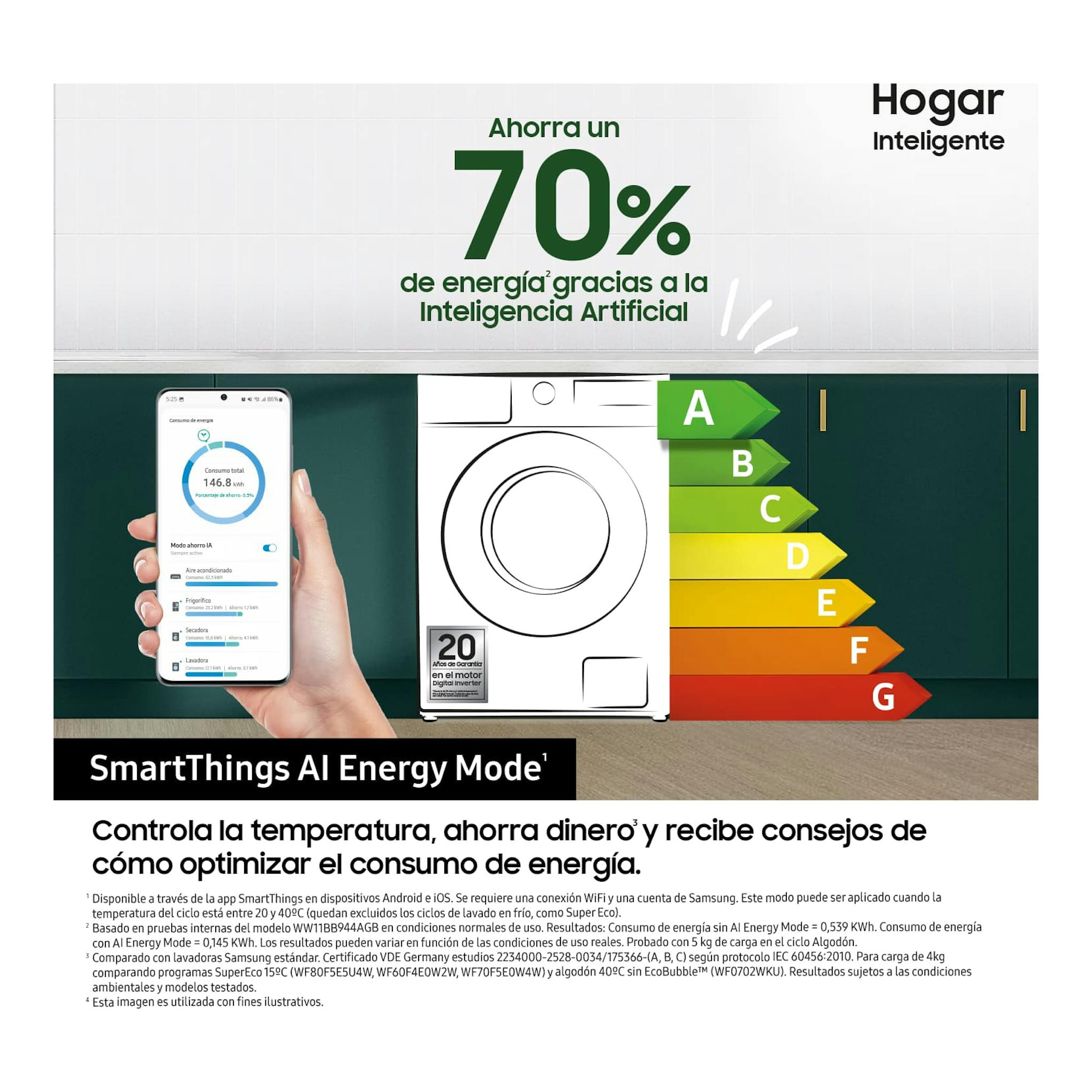 Lavadora Samsung WW80CGC04DAEEC blanca, vista frontal, con móvil y escala de eficiencia energética.