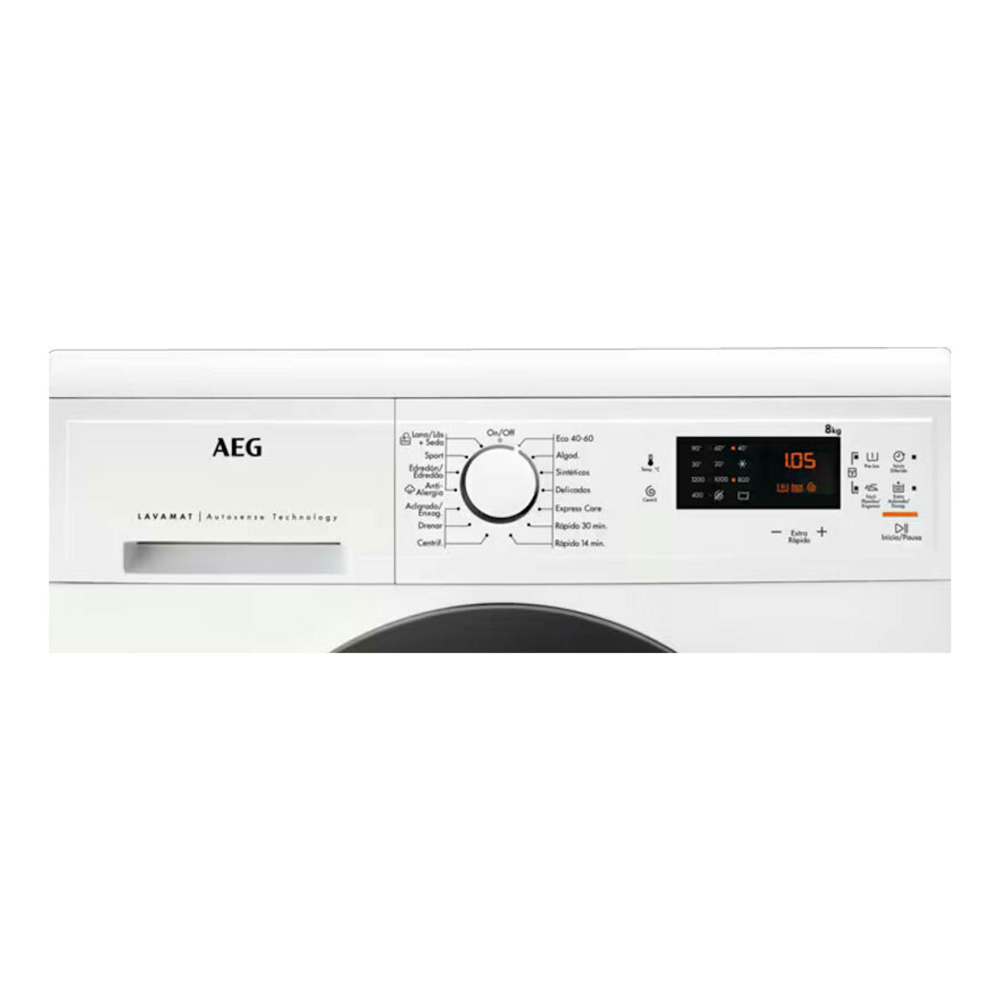 Lavadora blanca AEG LFA5I82RE, vista frontal parcial con panel de control y puerta.