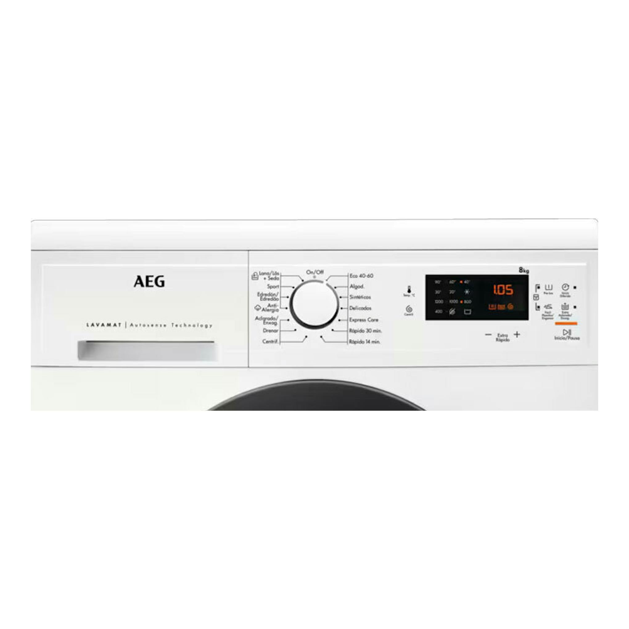 Lavadora blanca AEG LFA5I82RE, vista frontal parcial con panel de control y puerta.