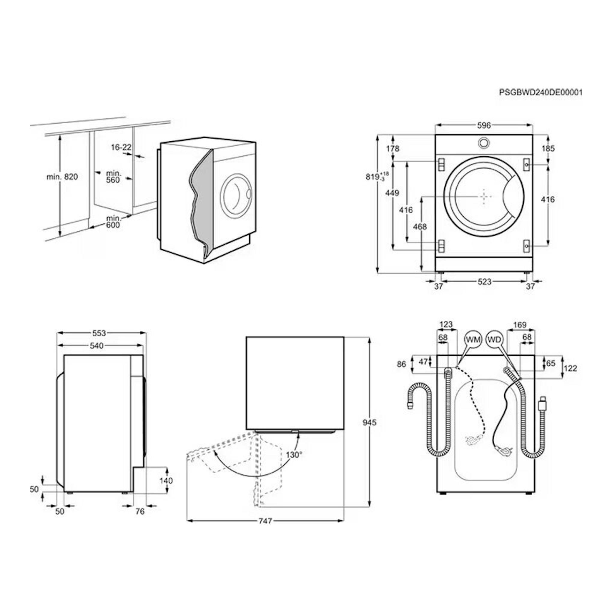 AEG LFN7E8436F: diagrama técnico en blanco y negro con vistas frontal, lateral y medidas de una lavadora.