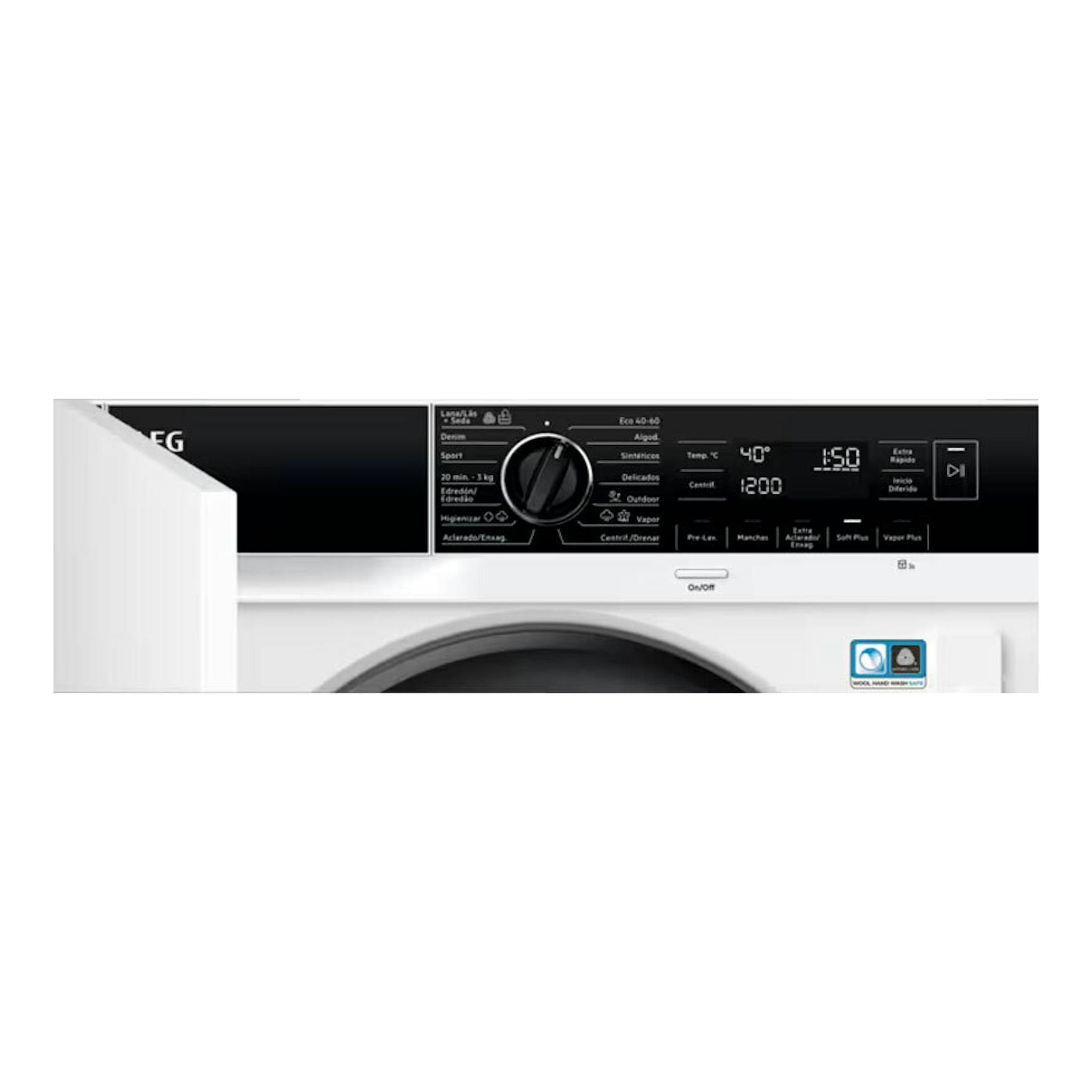 Lavadora AEG LFN7E8436F blanca, vista frontal parcial con panel digital y puerta circular.
