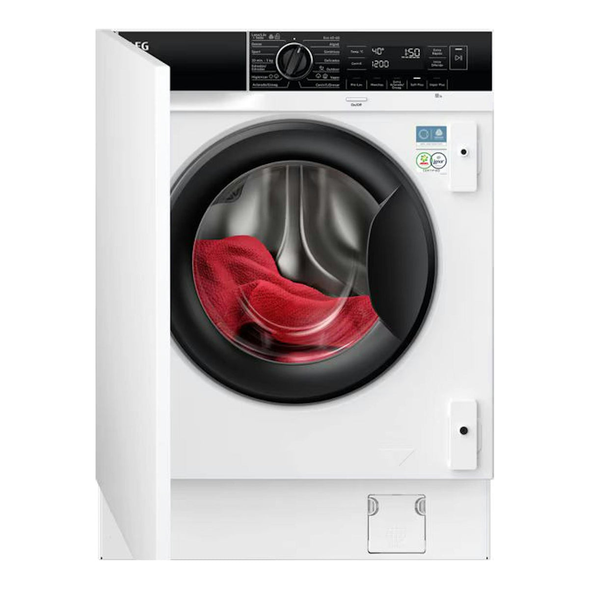 Lavadora integrable AEG LFU7E8436F blanca, vista frontal, con puerta negra circular y panel superior negro.