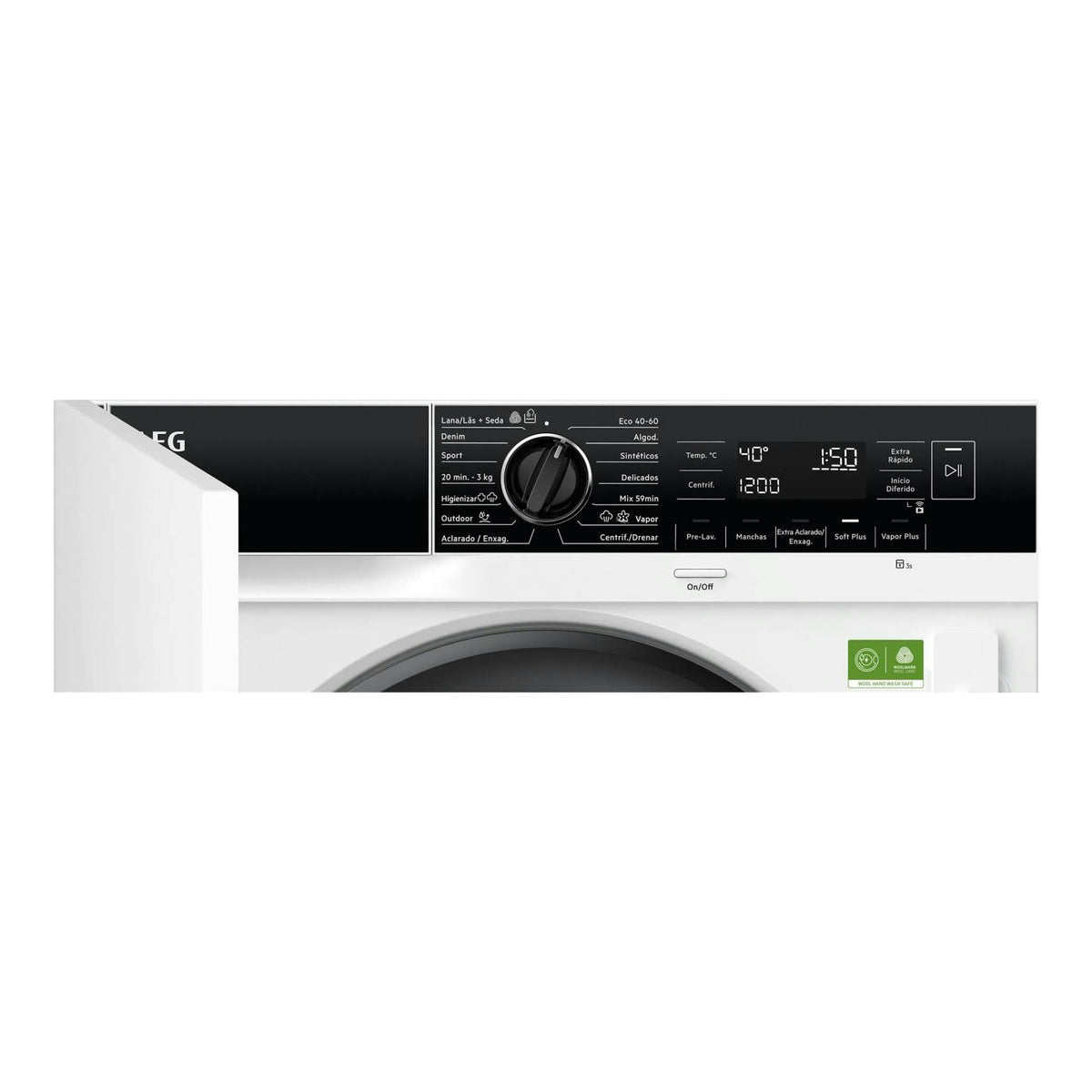 Lavadora integrada AEG LFU8E8436C blanca, vista frontal parcial del panel de control y puerta.