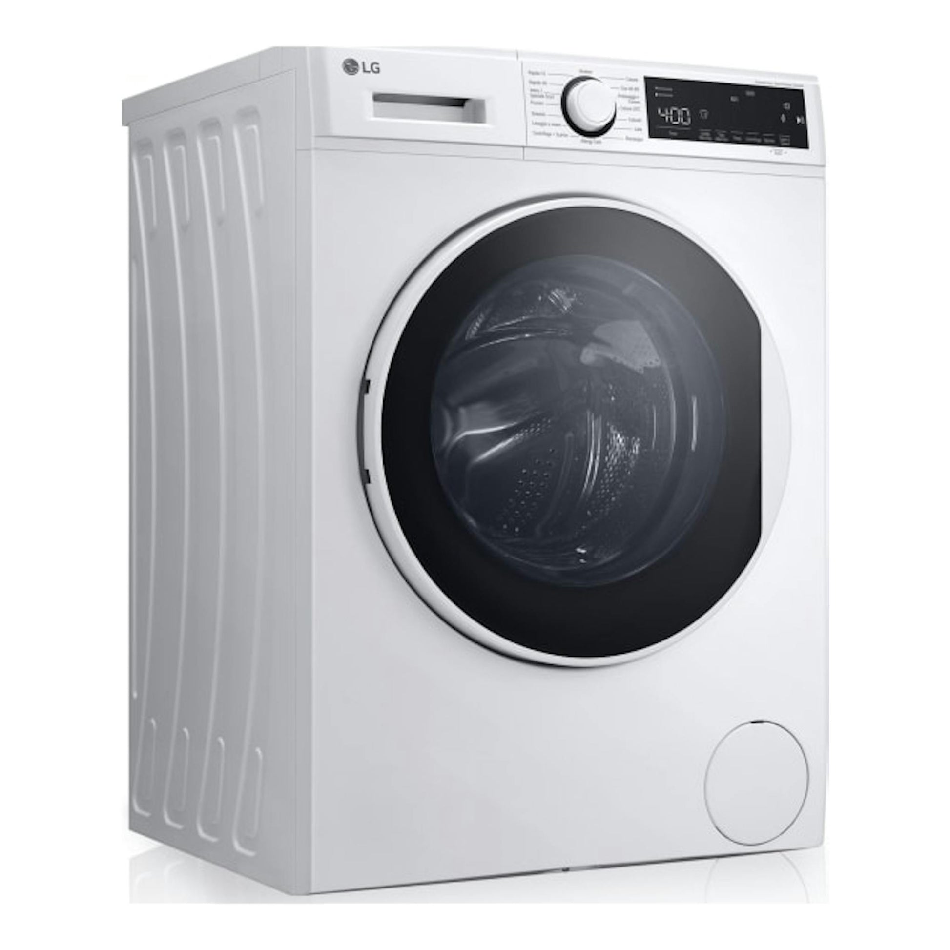 Lavadora LG F2WT2008S3W blanca, vista frontal en ángulo izquierdo, con puerta circular y panel superior.
