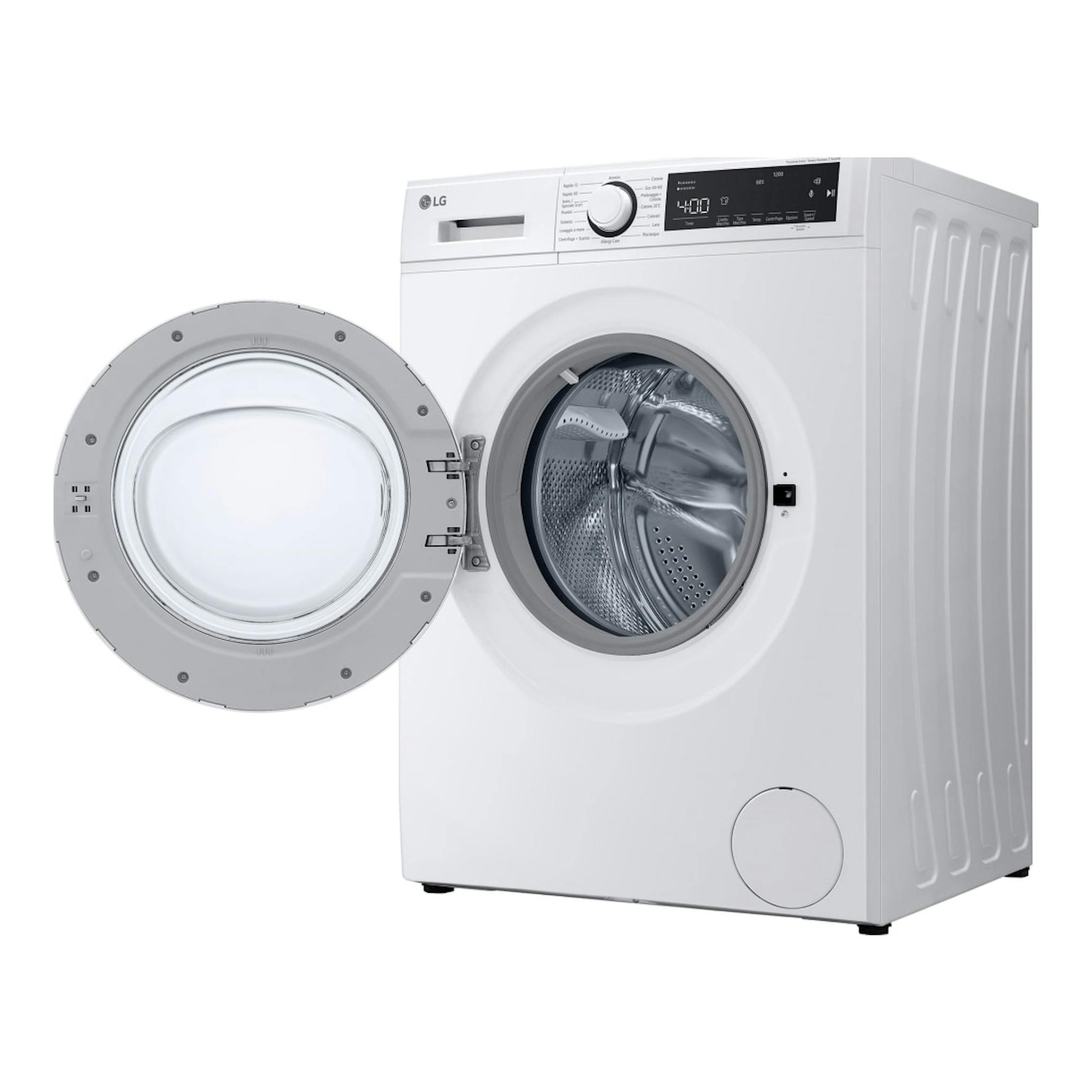 Lavadora LG F2WT2008S3W blanca, vista frontal en 3/4, con puerta abierta y tambor visible.