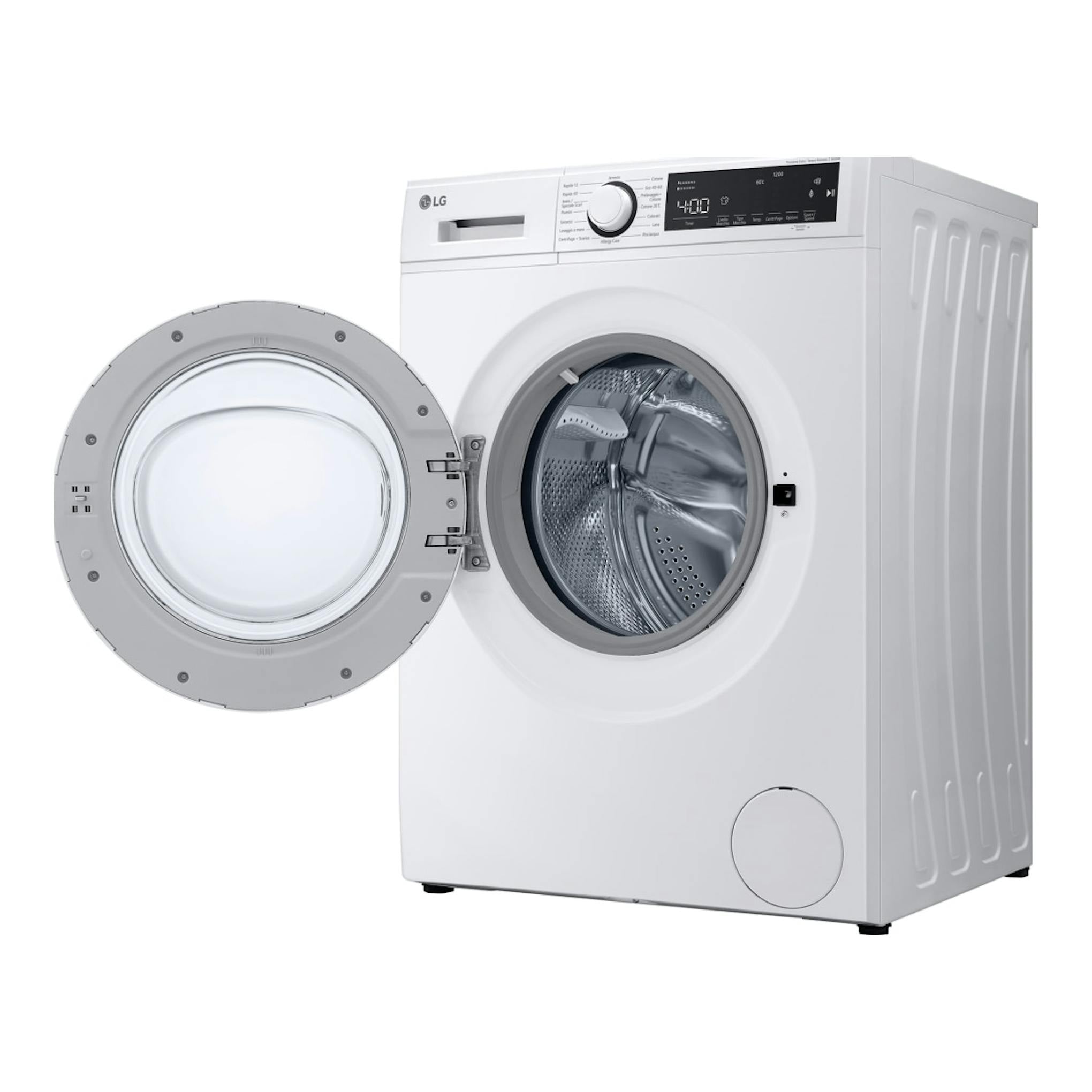 Lavadora LG F2WT2008S3W blanca, vista frontal en 3/4, con puerta abierta y tambor visible.