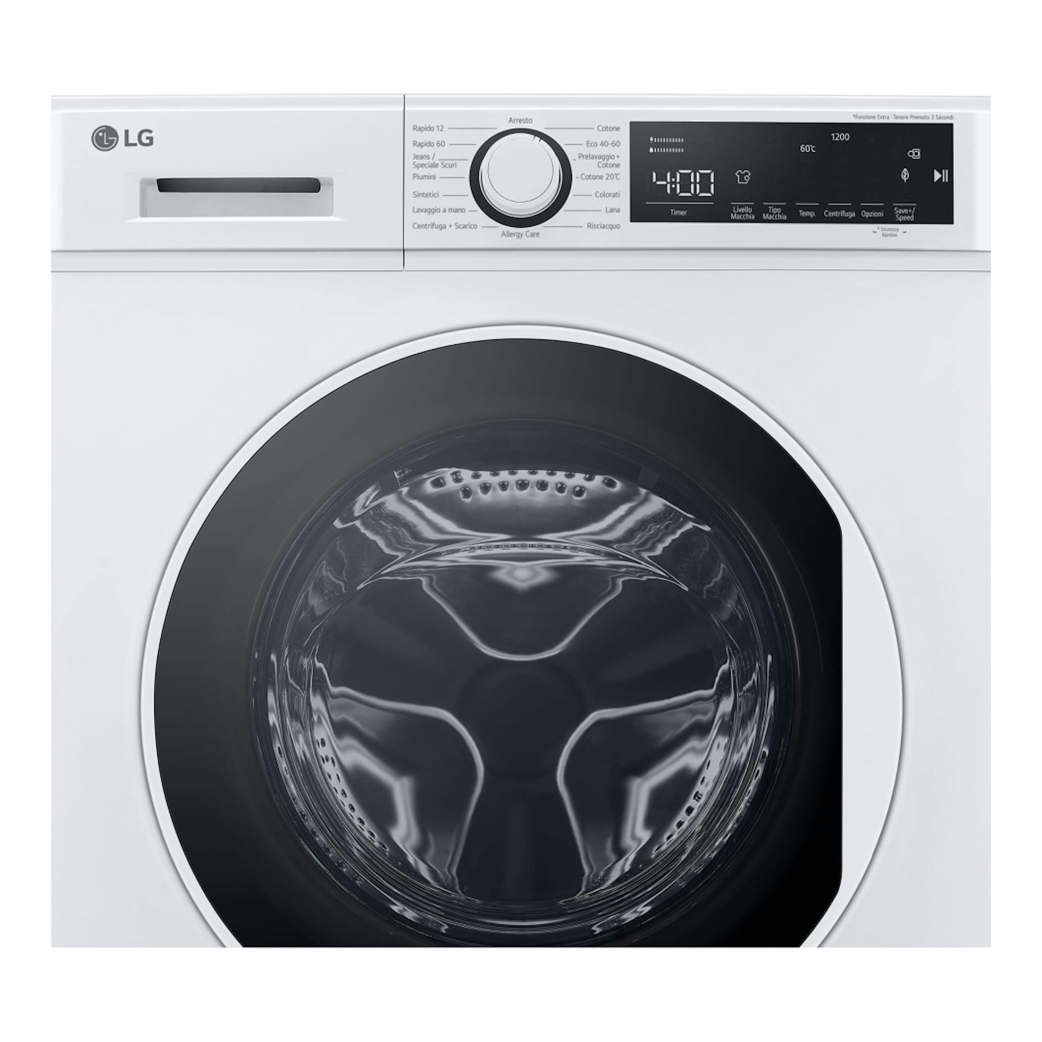 Lavadora LG F2WT2008S3W blanca, vista frontal, puerta negra y panel digital