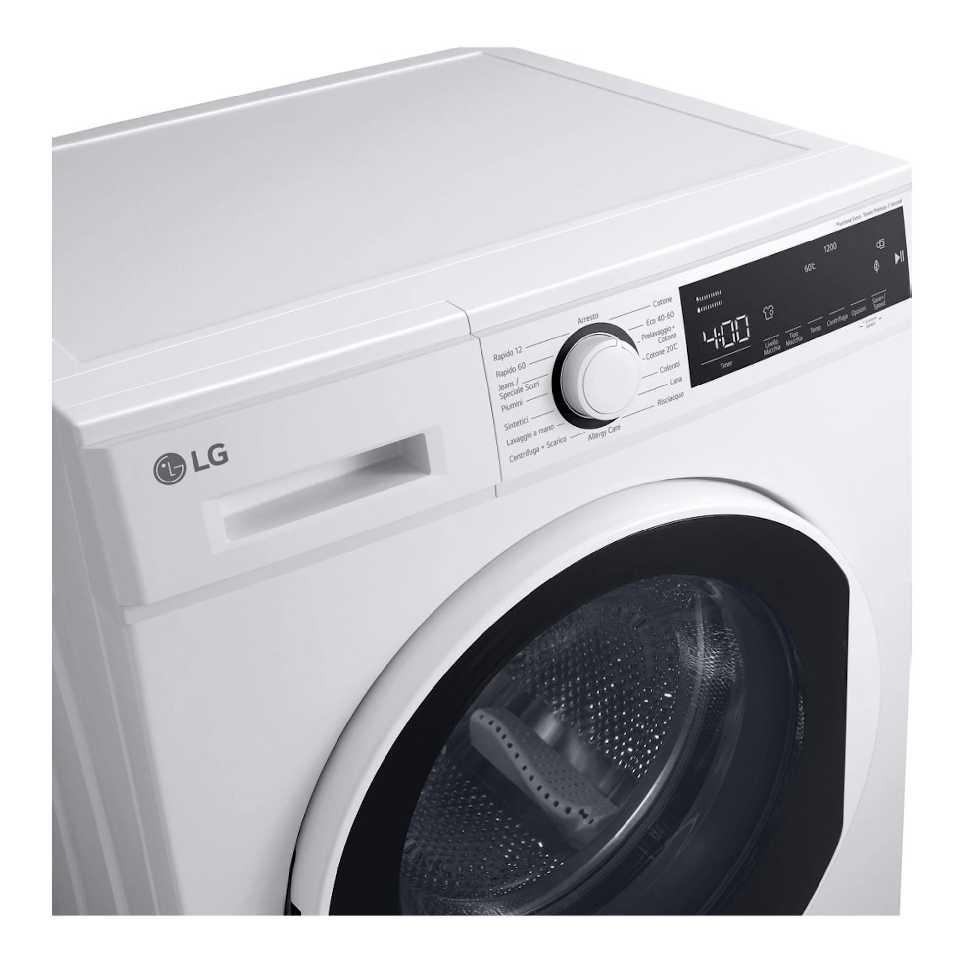 Lavadora LG F2WT2008S3W blanca, de carga frontal, vista en ángulo, con puerta negra y panel digital.