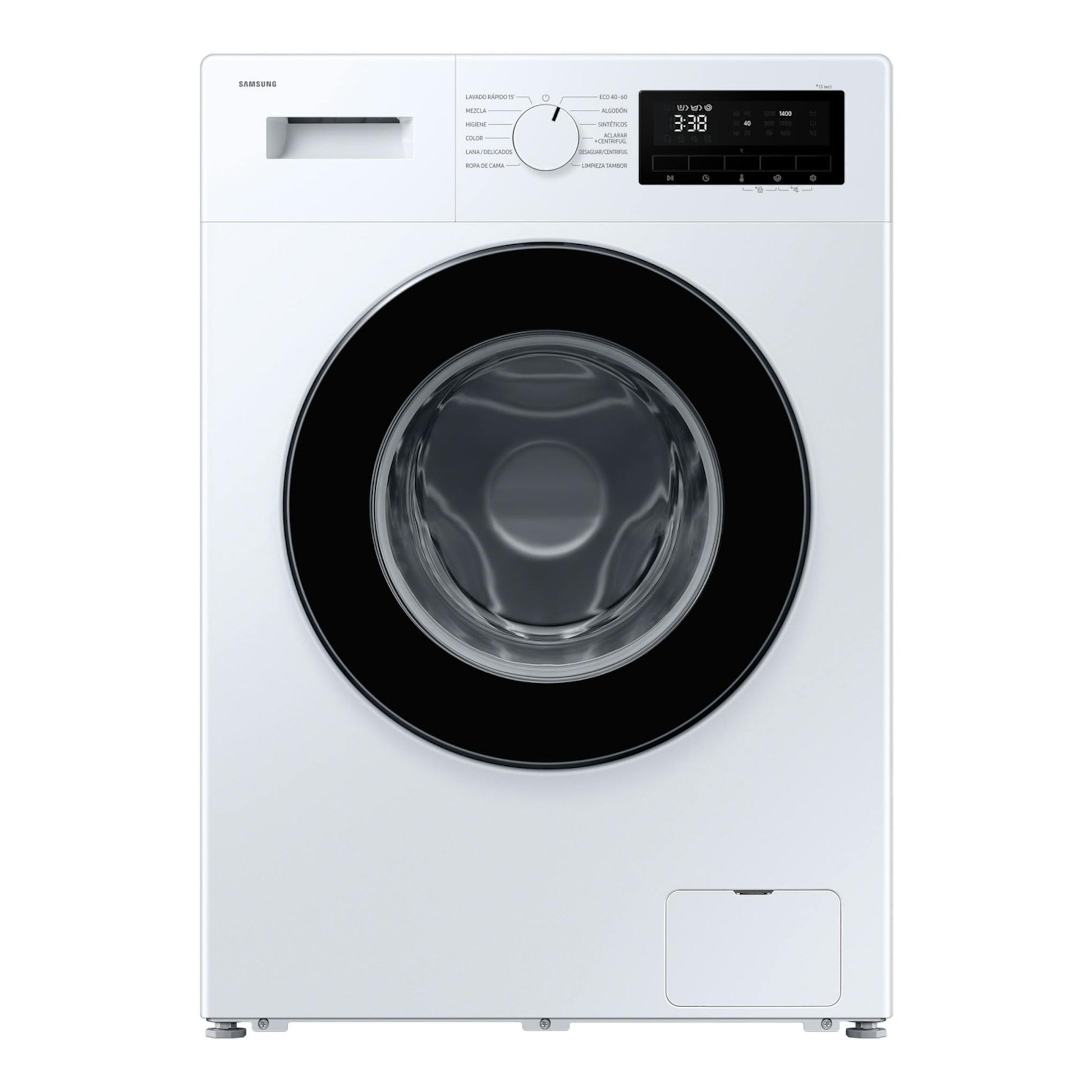Lavadora Samsung WW80FG3M05AWEC blanca, vista frontal, con puerta circular negra y panel digital superior.