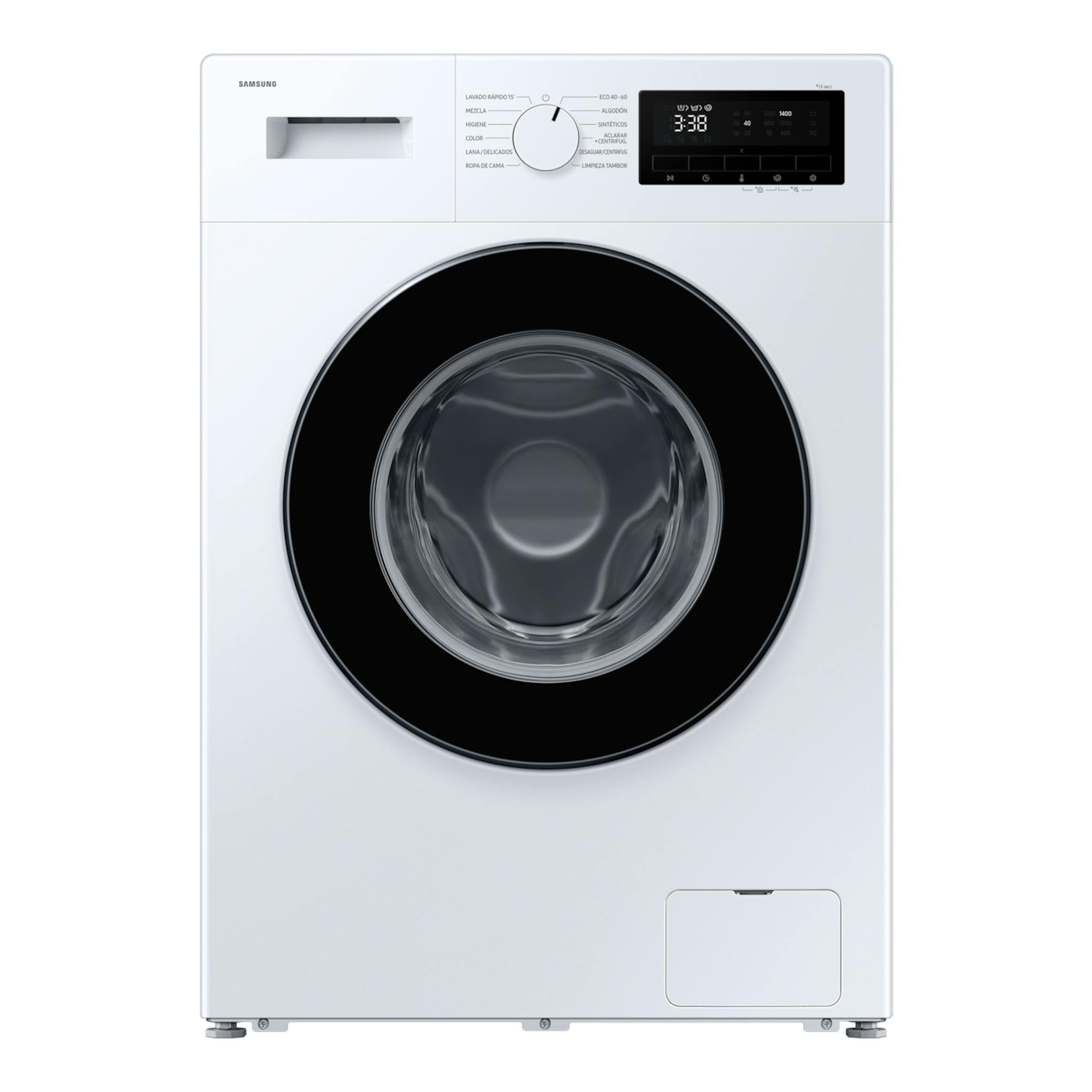 Lavadora Samsung WW80FG3M05AWEC blanca, vista frontal, con puerta circular negra y panel digital superior.