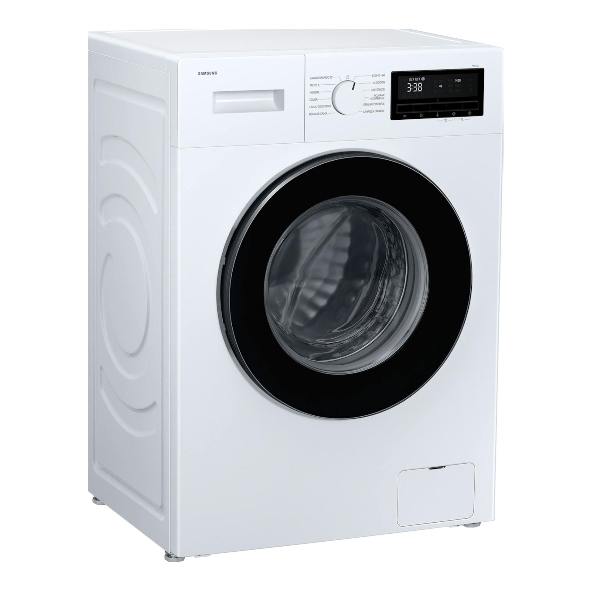 Lavadora Samsung WW80FG3M05AWEC blanca, vista frontal en ángulo izquierdo, con puerta negra y panel digital.