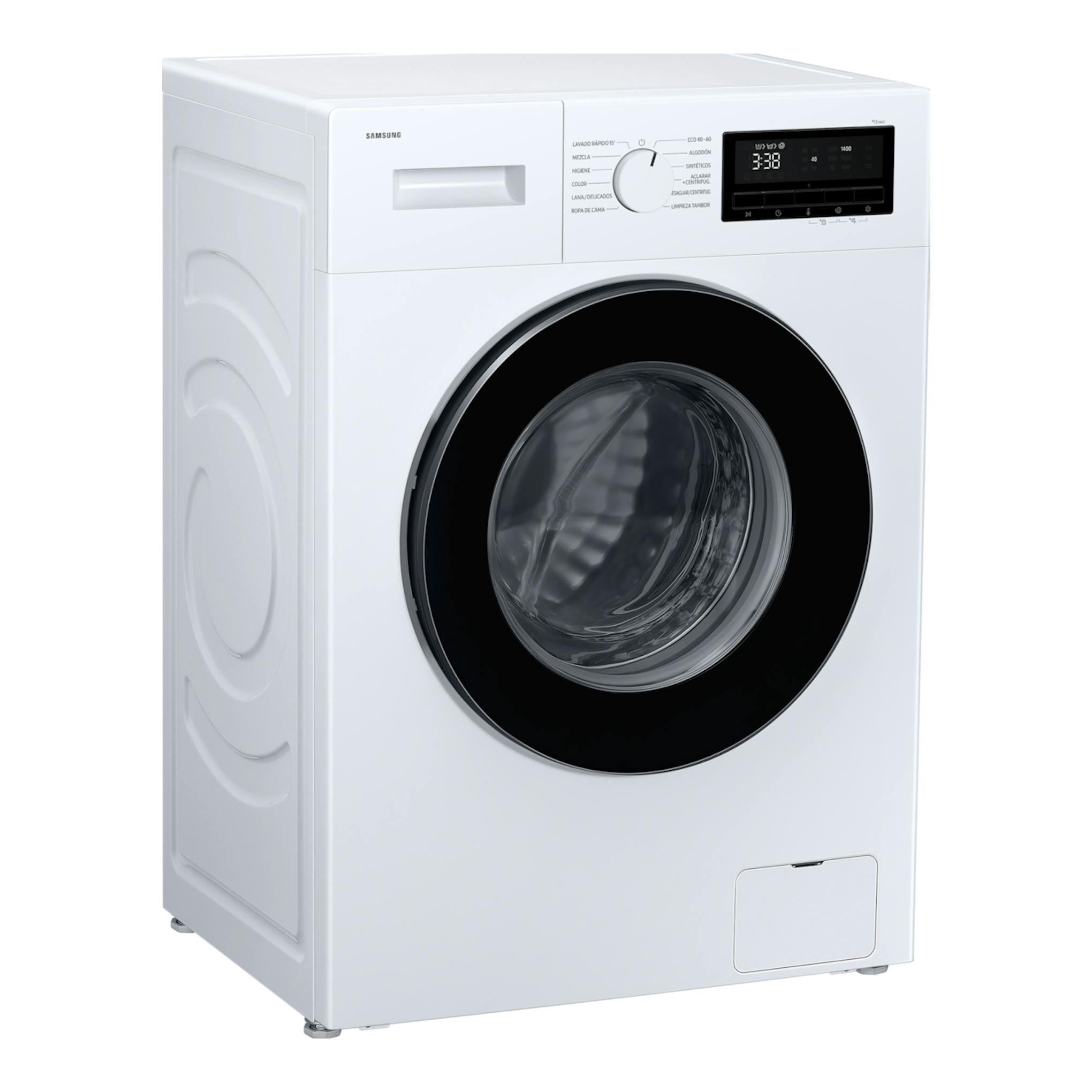 Lavadora Samsung WW80FG3M05AWEC blanca, vista frontal en ángulo izquierdo, con puerta negra y panel digital.