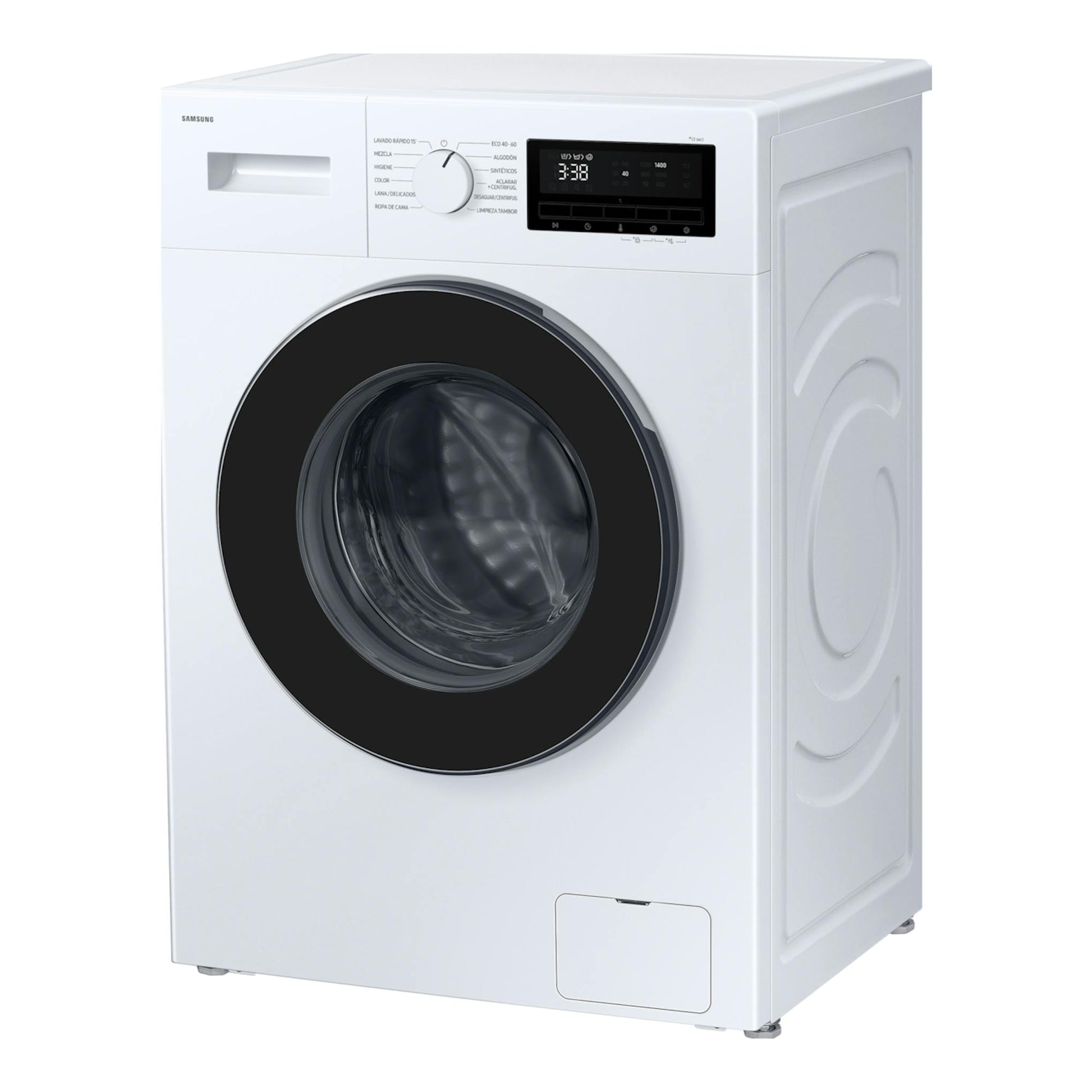Lavadora Samsung WW80FG3M05AWEC blanca, vista frontal en ángulo, con puerta negra y panel digital.