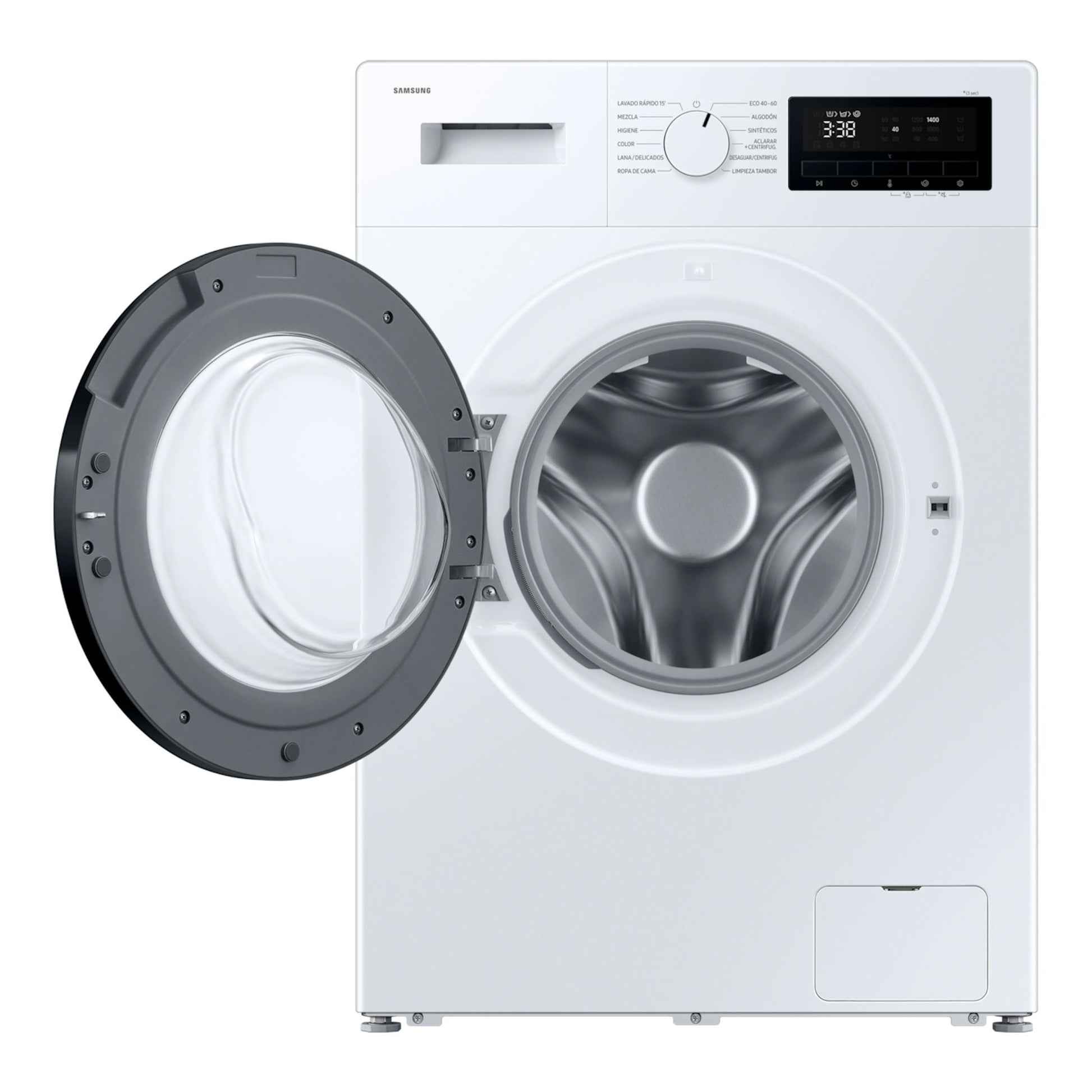 Lavadora Samsung WW80FG3M05AWEC blanca, vista frontal, con puerta abatible abierta y panel digital superior.