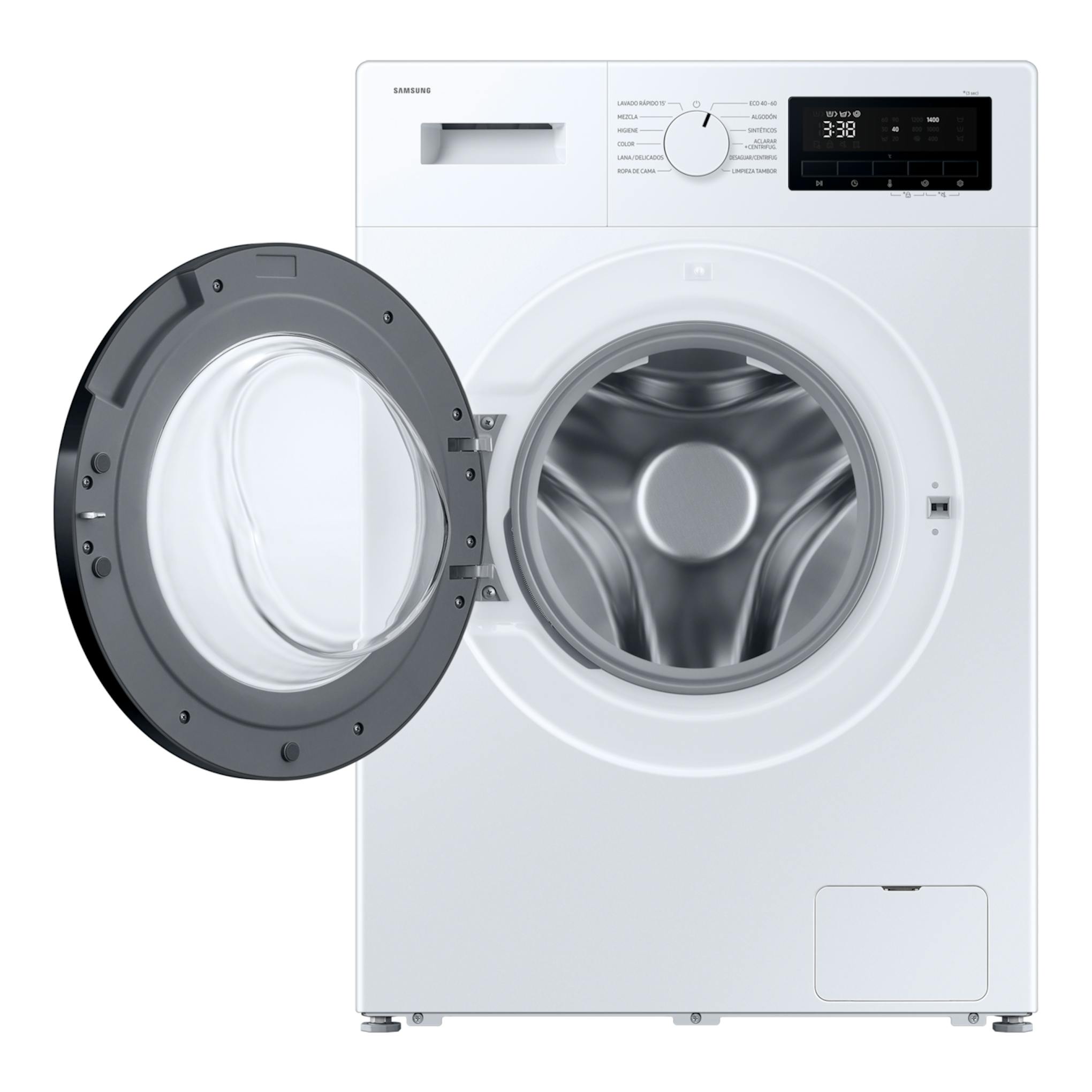 Lavadora Samsung WW80FG3M05AWEC blanca, vista frontal, con puerta abatible abierta y panel digital superior.