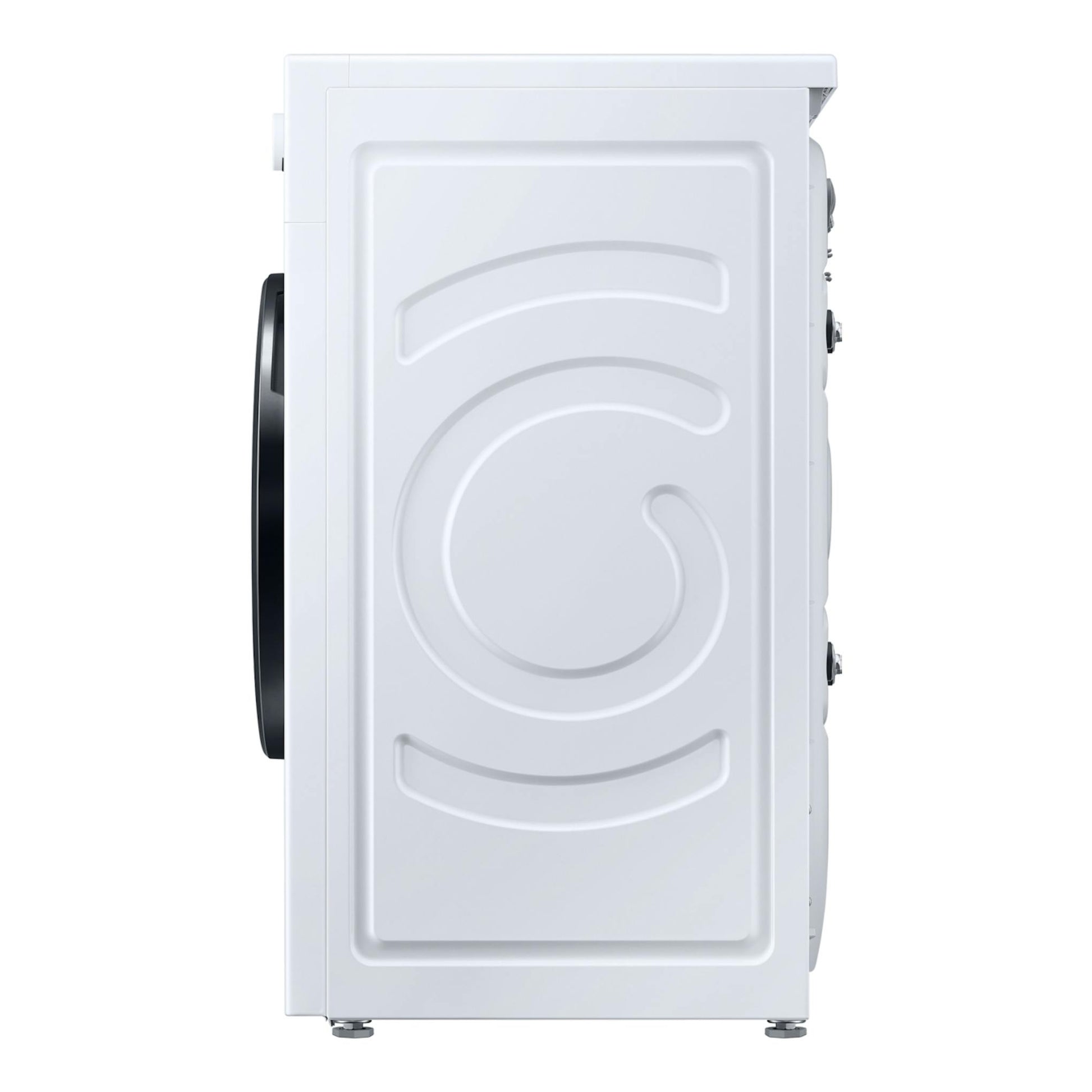 Lavadora Samsung WW80FG3M05AWEC blanca, vista lateral, con puerta frontal negra.