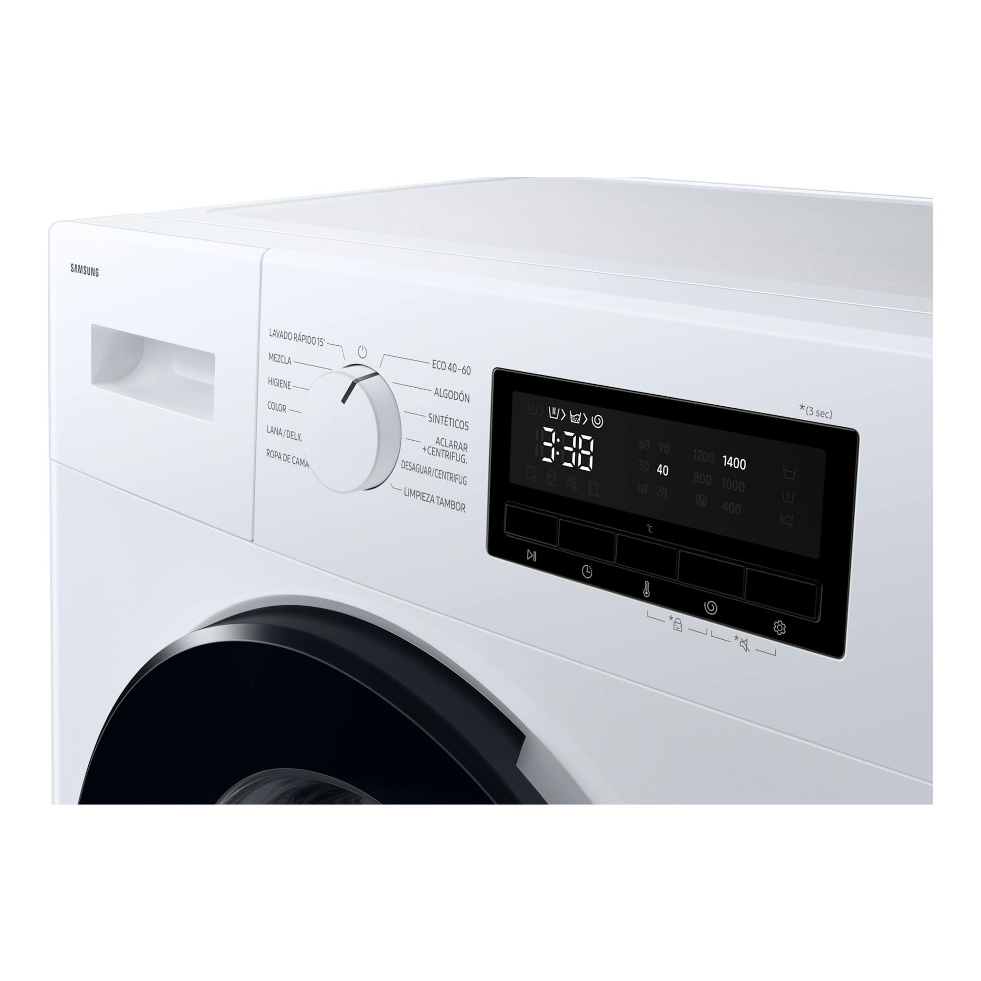 Lavadora Samsung WW80FG3M05AWEC blanca, vista frontal parcial con panel negro y selector de programas.