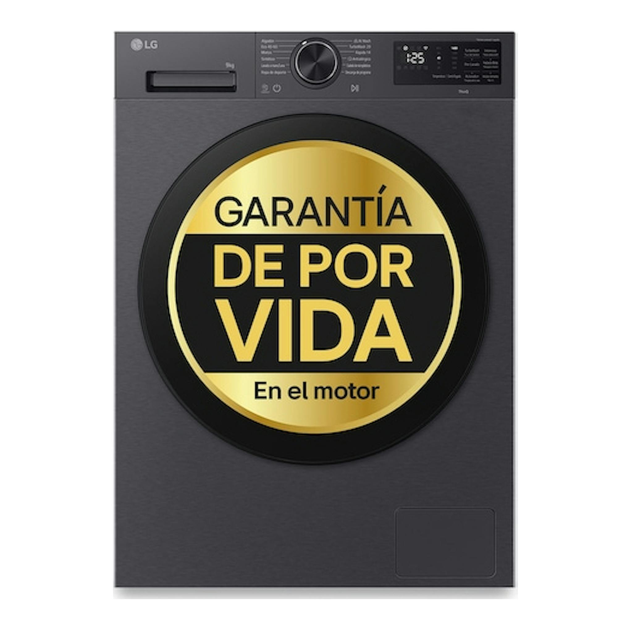 Lavadora LG de carga frontal, gris oscuro, vista frontal, con sello circular dorado “Garantía de por vida”.
