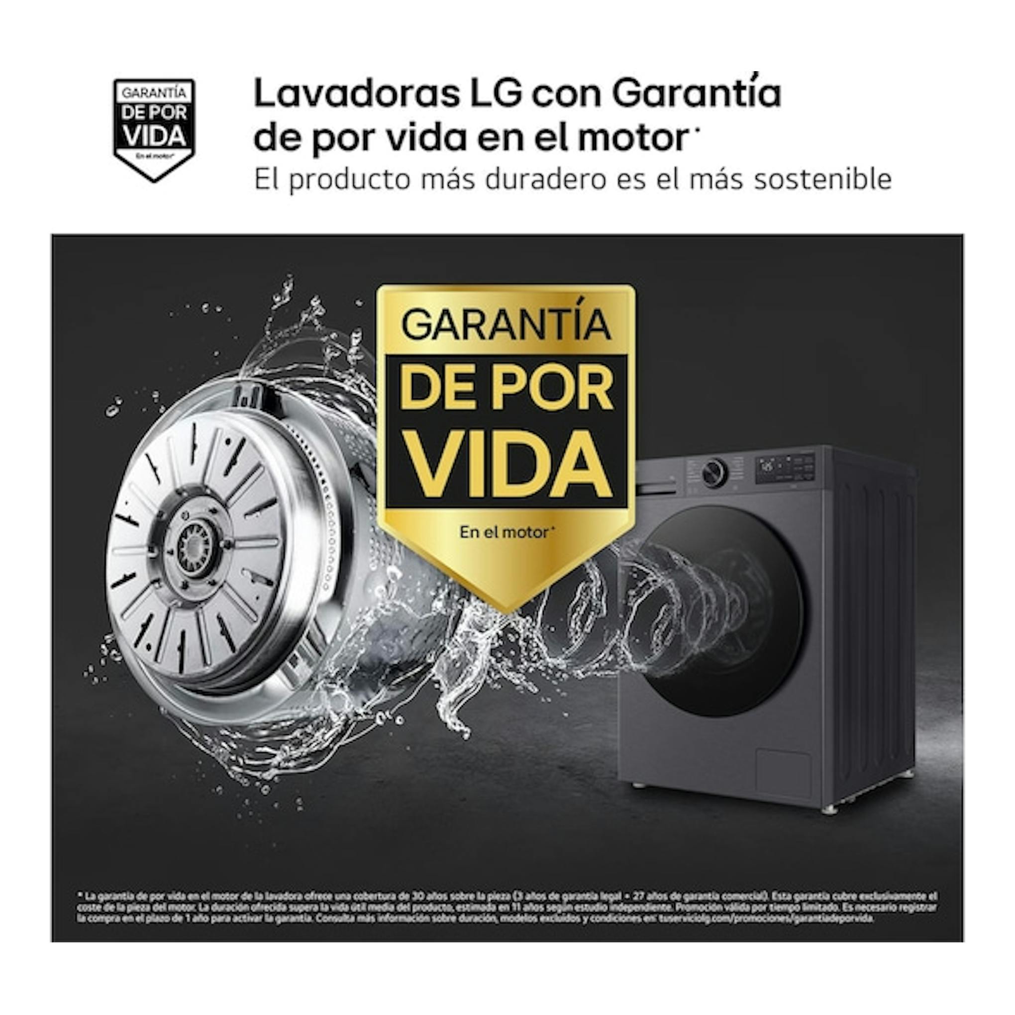 Lavadora LG de carga frontal gris oscuro, vista frontal, con sello “Garantía de por vida” y motor ilustrado.