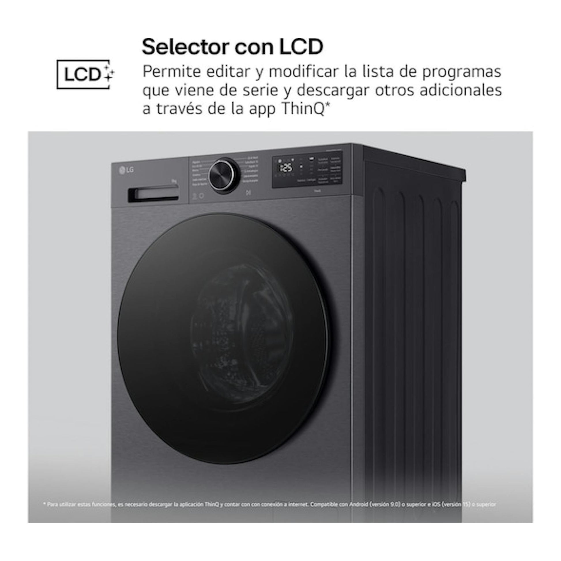 Lavadora LG F4X5009TBB de carga frontal, color gris oscuro, vista frontal en ángulo con pantalla LCD.