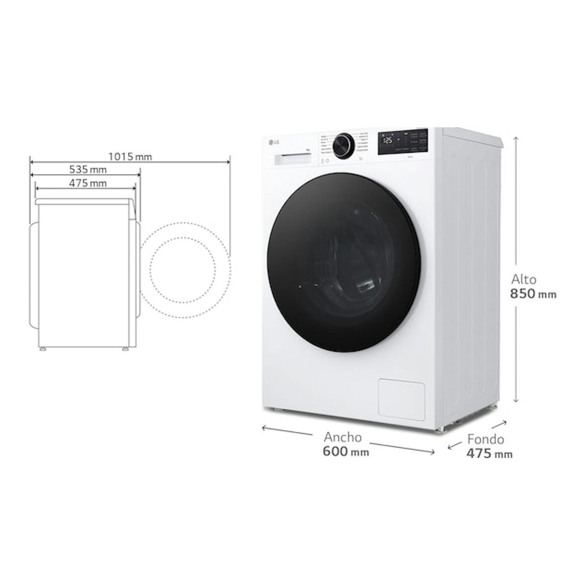 Lavadora LG F2X50S9TLB blanca, vista frontal y lateral con tambor negro y medidas 600×850×475 mm.