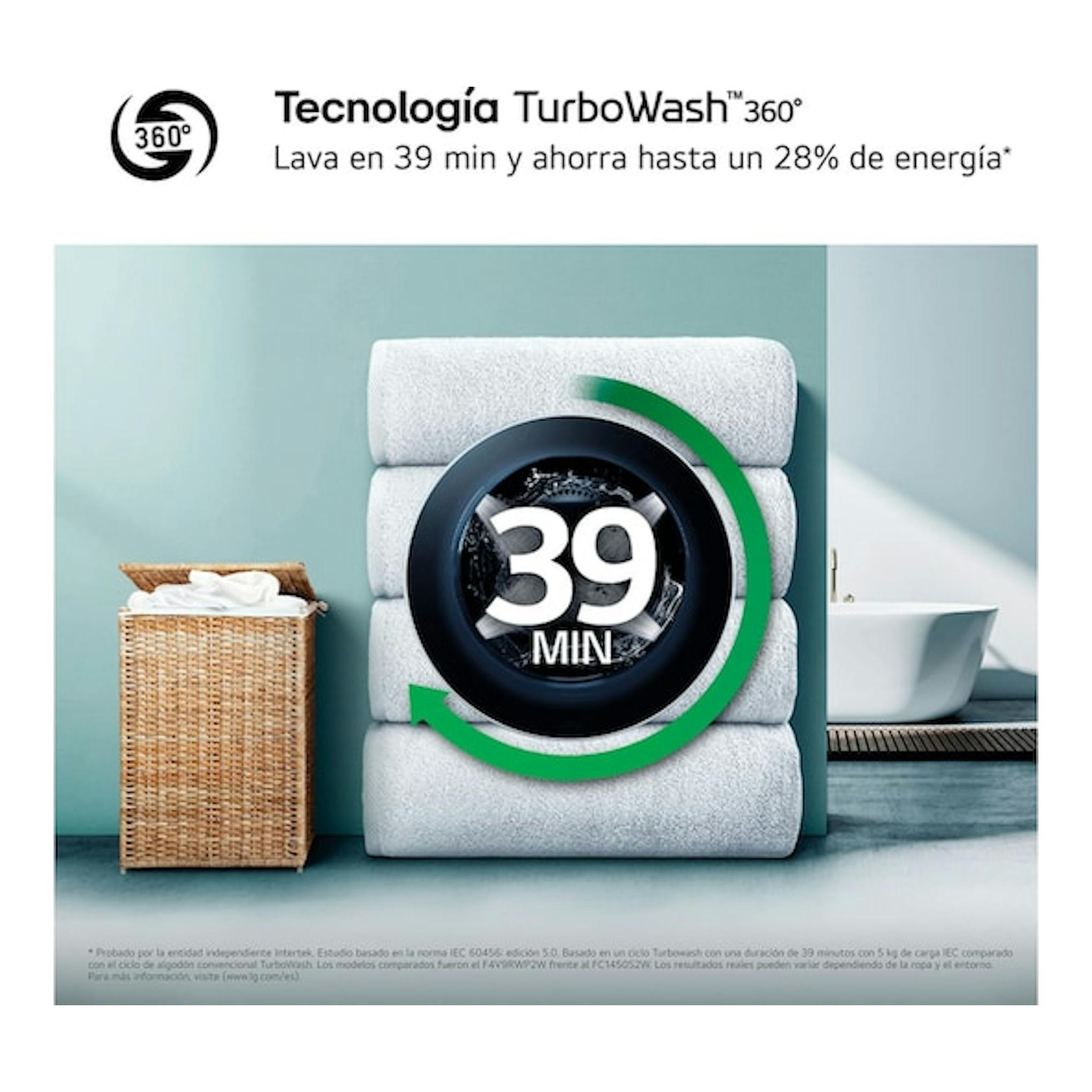 LG F2X50S9TLB, gráfico promocional de lavadora con icono TurboWash 360º y “39 min”, frente sobre fondo azul.