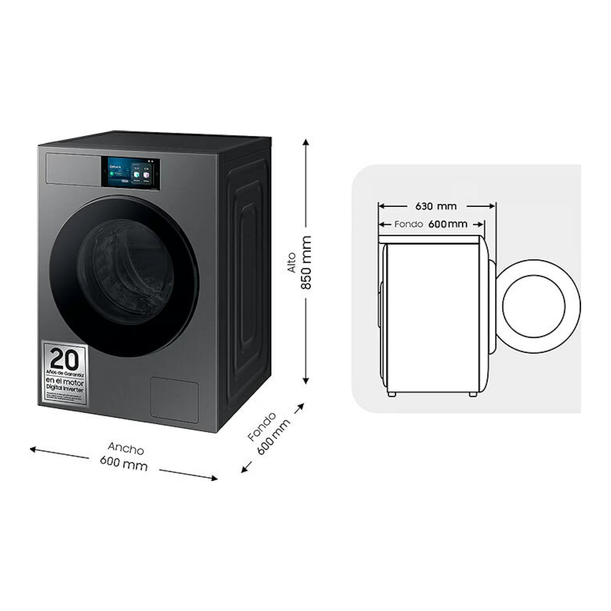 Lavadora Samsung WF90F09C4SU3 gris oscura, vista frontal y lateral con medidas 600x600x850 mm.