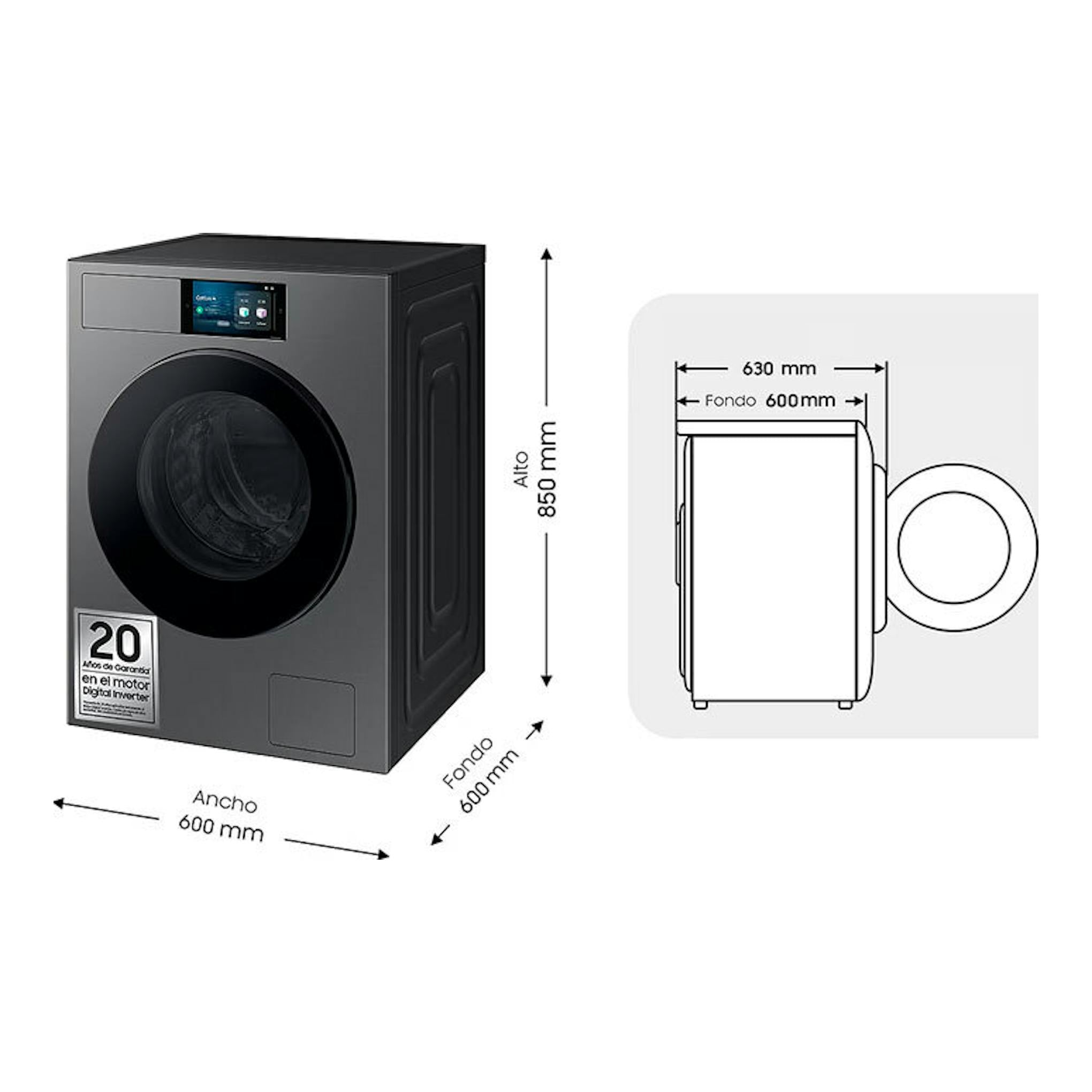 Lavadora Samsung WF90F09C4SU3 gris oscura, vista frontal y lateral con medidas 600x600x850 mm.