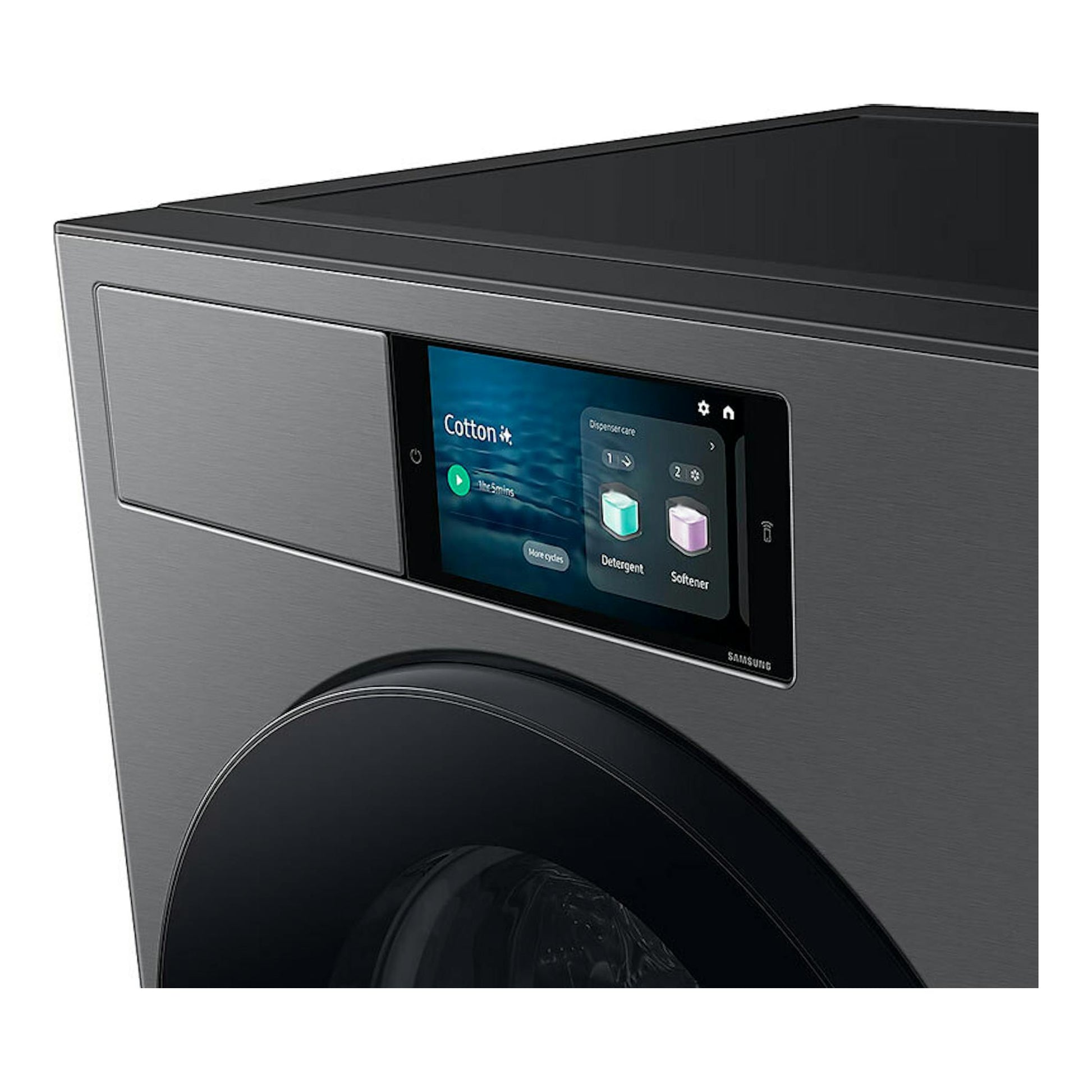 Lavadora Samsung WF90F09C4SU3 gris oscuro, vista frontal en ángulo, con pantalla táctil y puerta negra.