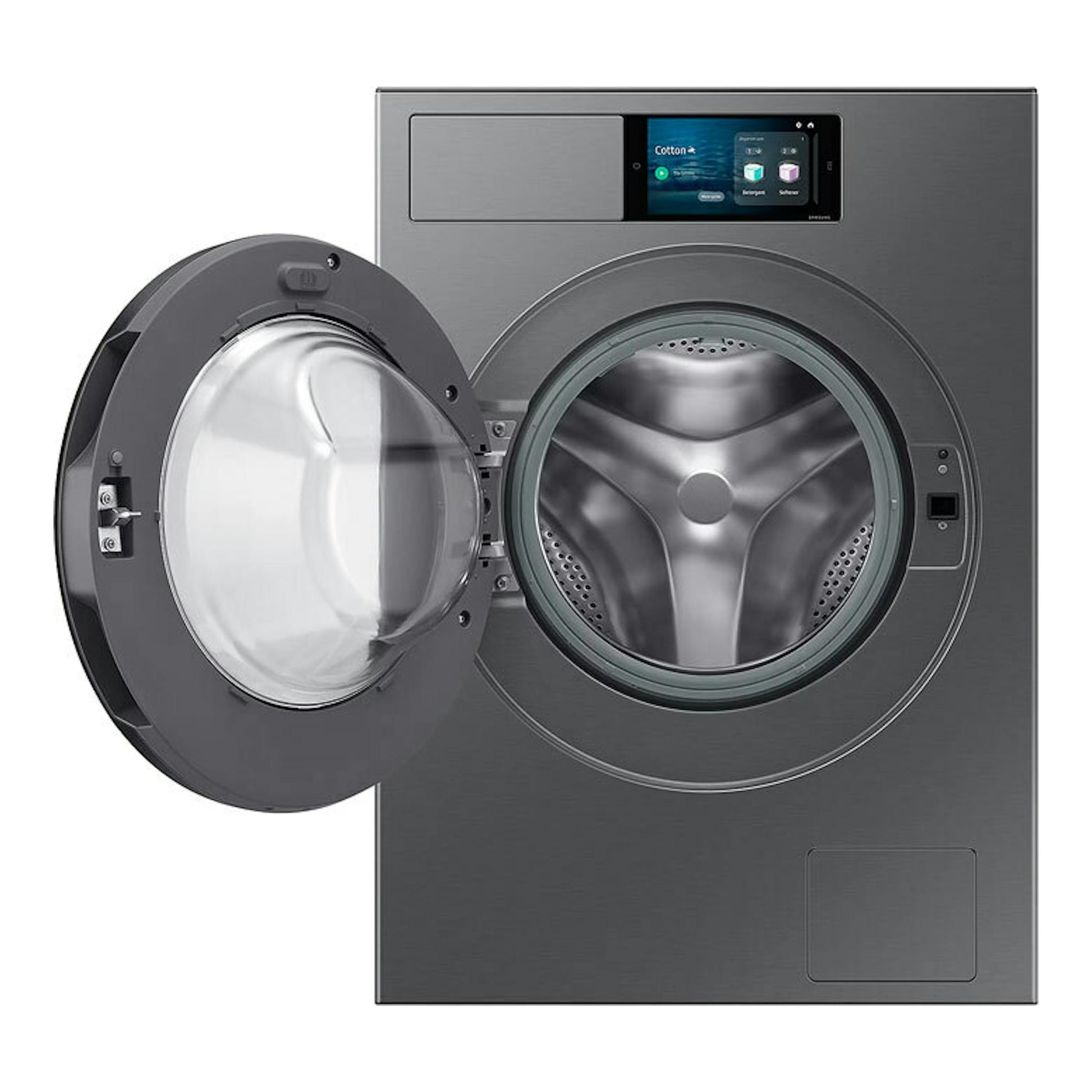 Lavadora Samsung WF90F09C4SU3 gris, vista frontal, con puerta de carga frontal abierta.