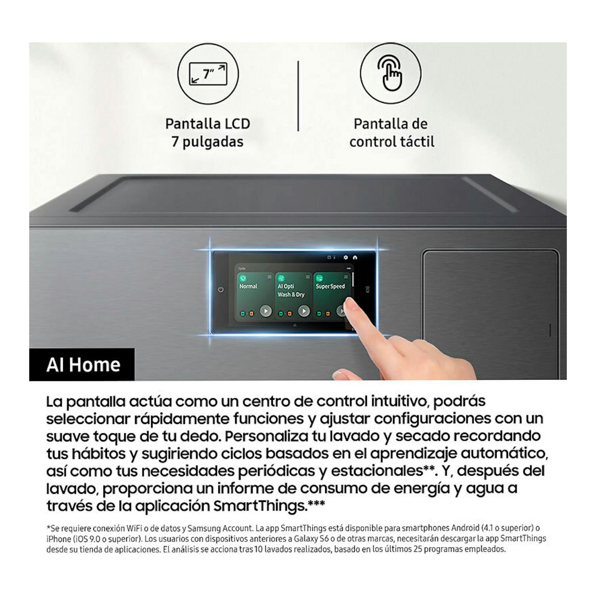Lavadora Samsung WF90F09C4SU3, vista frontal parcial, con pantalla táctil LCD de 7 pulgadas y dedo pulsando.