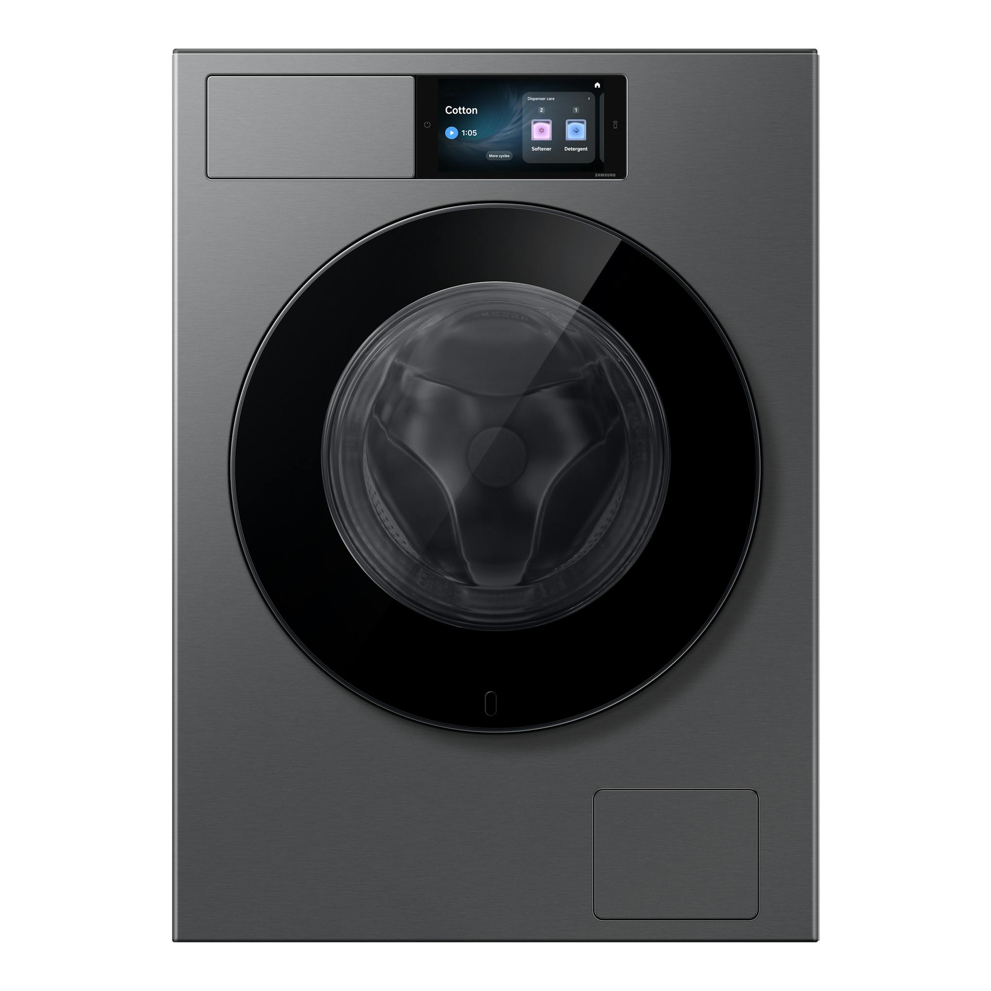 Lavadora Samsung WF90H09C4ST2 frontal, gris oscuro, con puerta circular negra y panel digital superior.