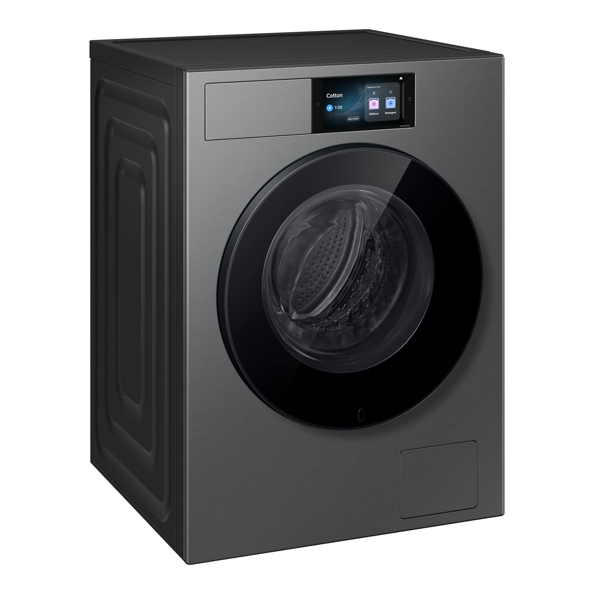Lavadora Samsung WF90H09C4ST2, frontal, color gris oscuro y negro, vista en ángulo con puerta circular.