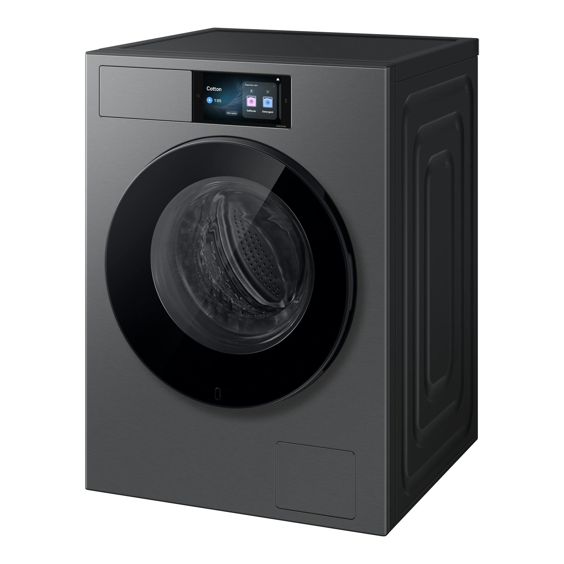 Lavadora Samsung WF90H09C4ST2 frontal, gris oscuro y negro, con puerta circular y pantalla táctil.