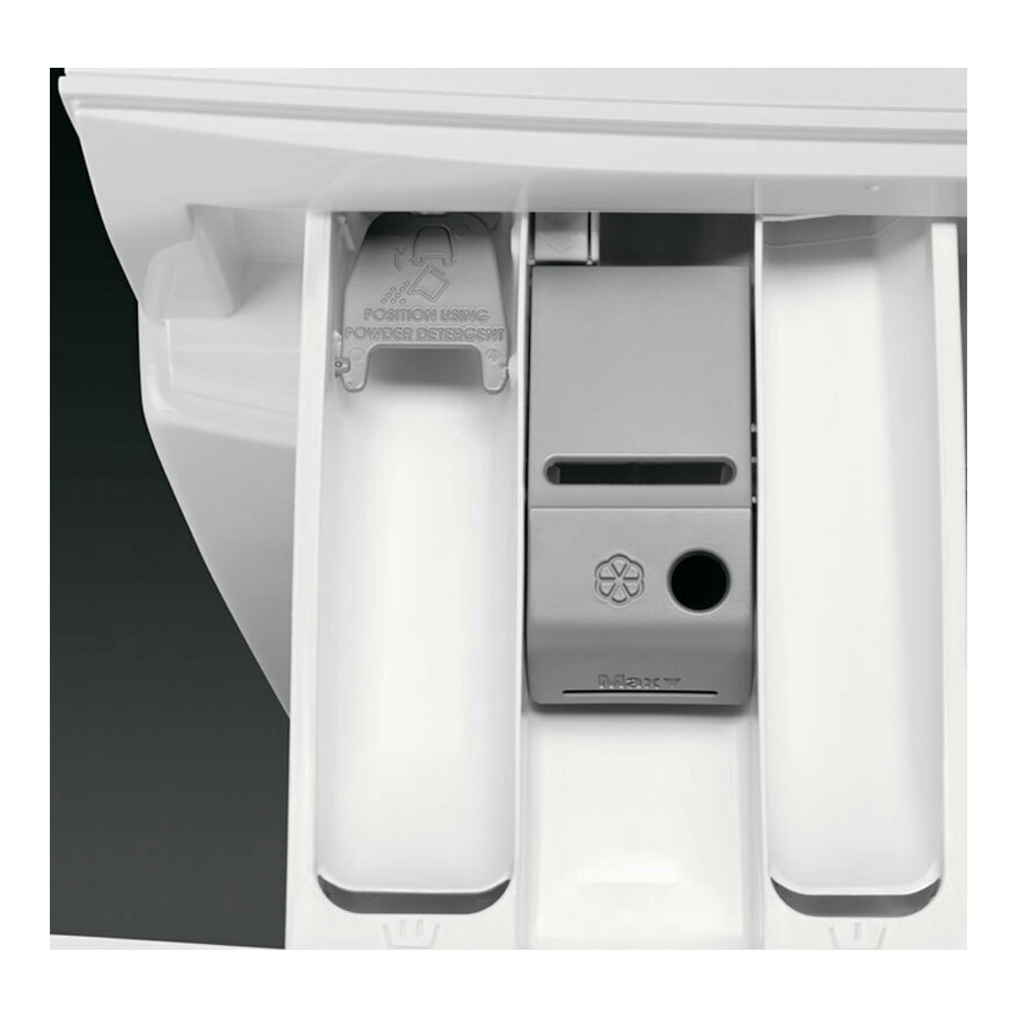 Lavadora AEG L6FBI147P, detalle frontal del cajetín de detergente blanco y gris.
