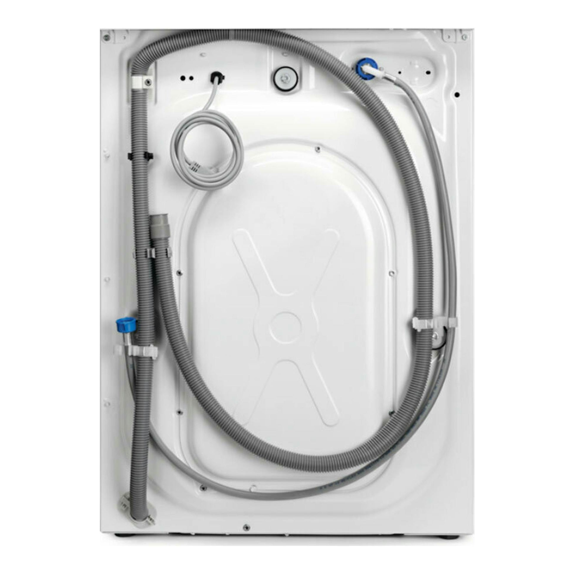 Lavadora AEG L6FBI147P blanca, vista posterior con mangueras y cable.