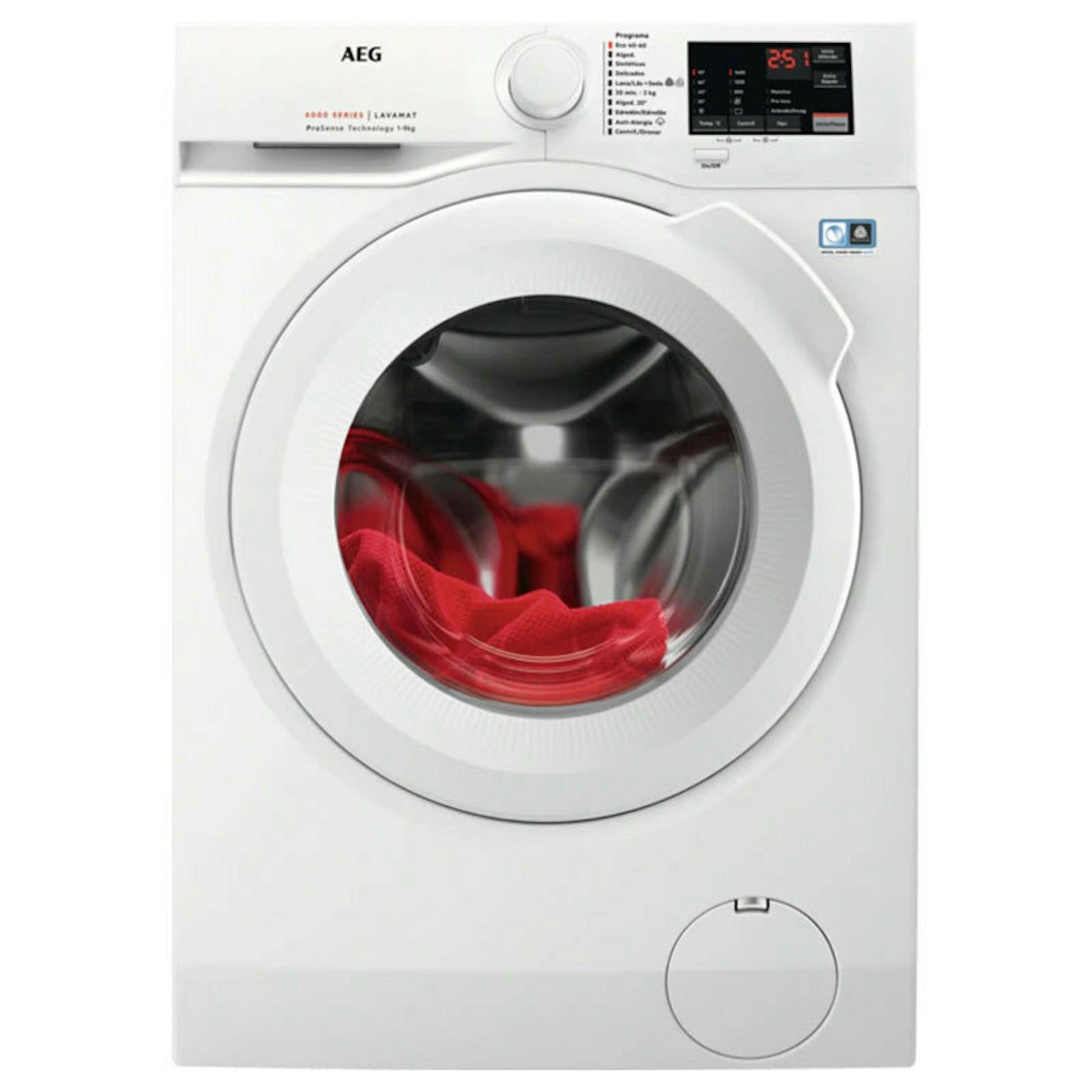 Lavadora frontal blanca AEG L6FBI947P, vista frontal, con puerta circular y panel digital superior.